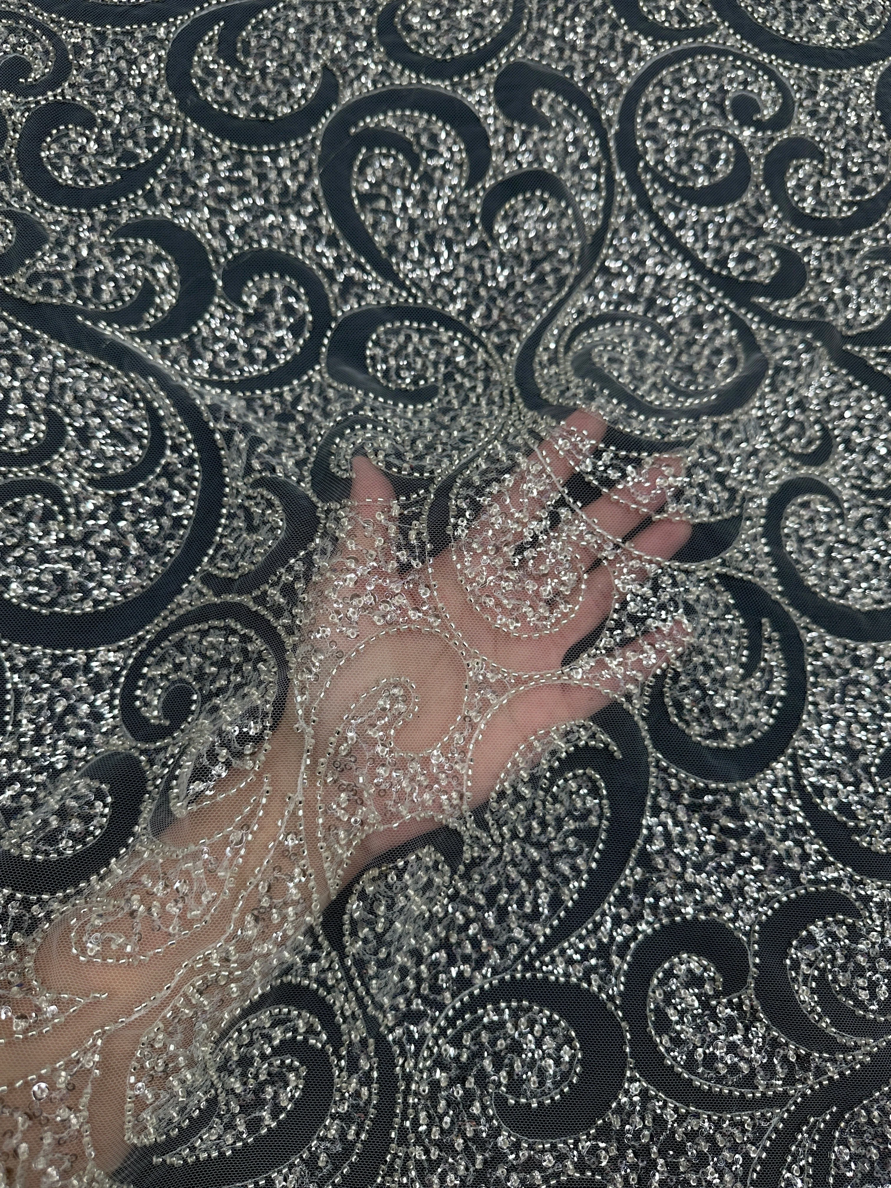 Silver Sequin Beaded Scroll Lace on Mesh - Image 4