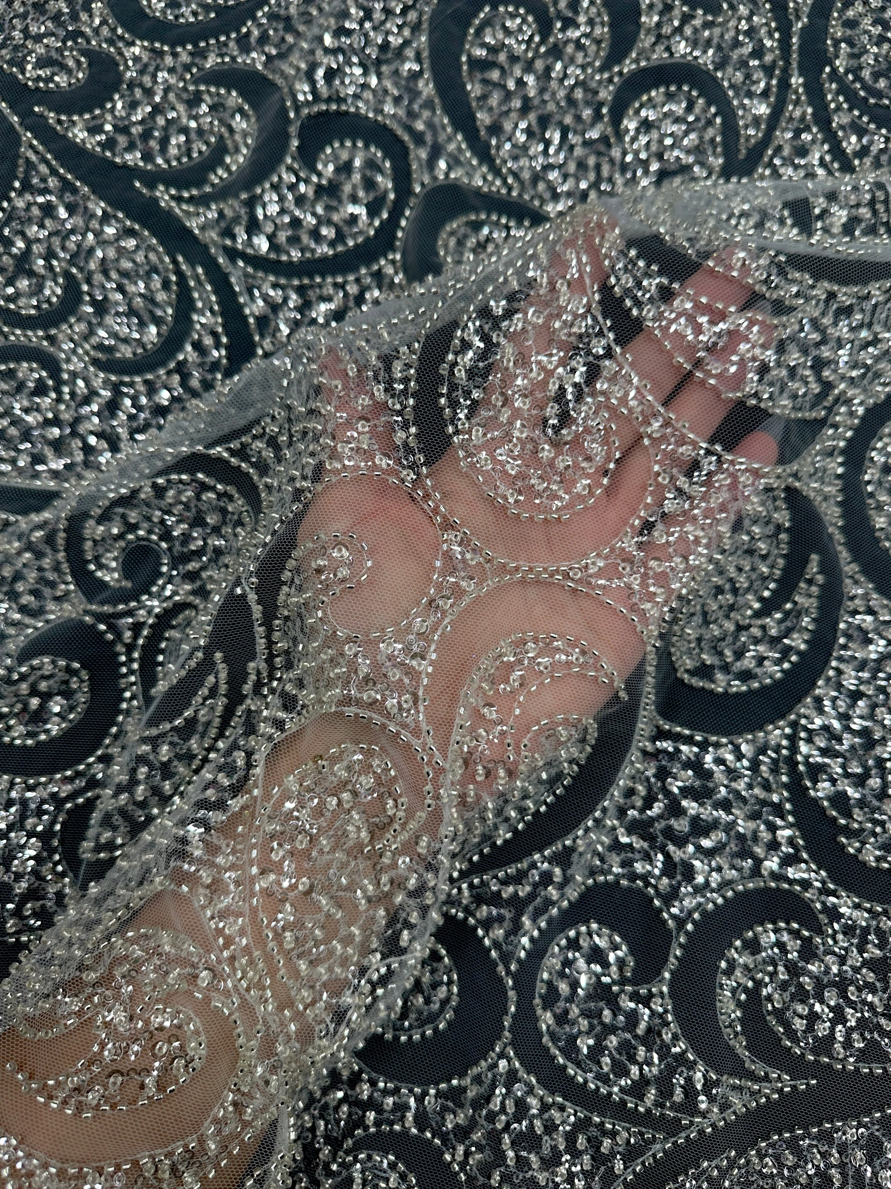 Silver Sequin Beaded Scroll Lace on Mesh - Image 6