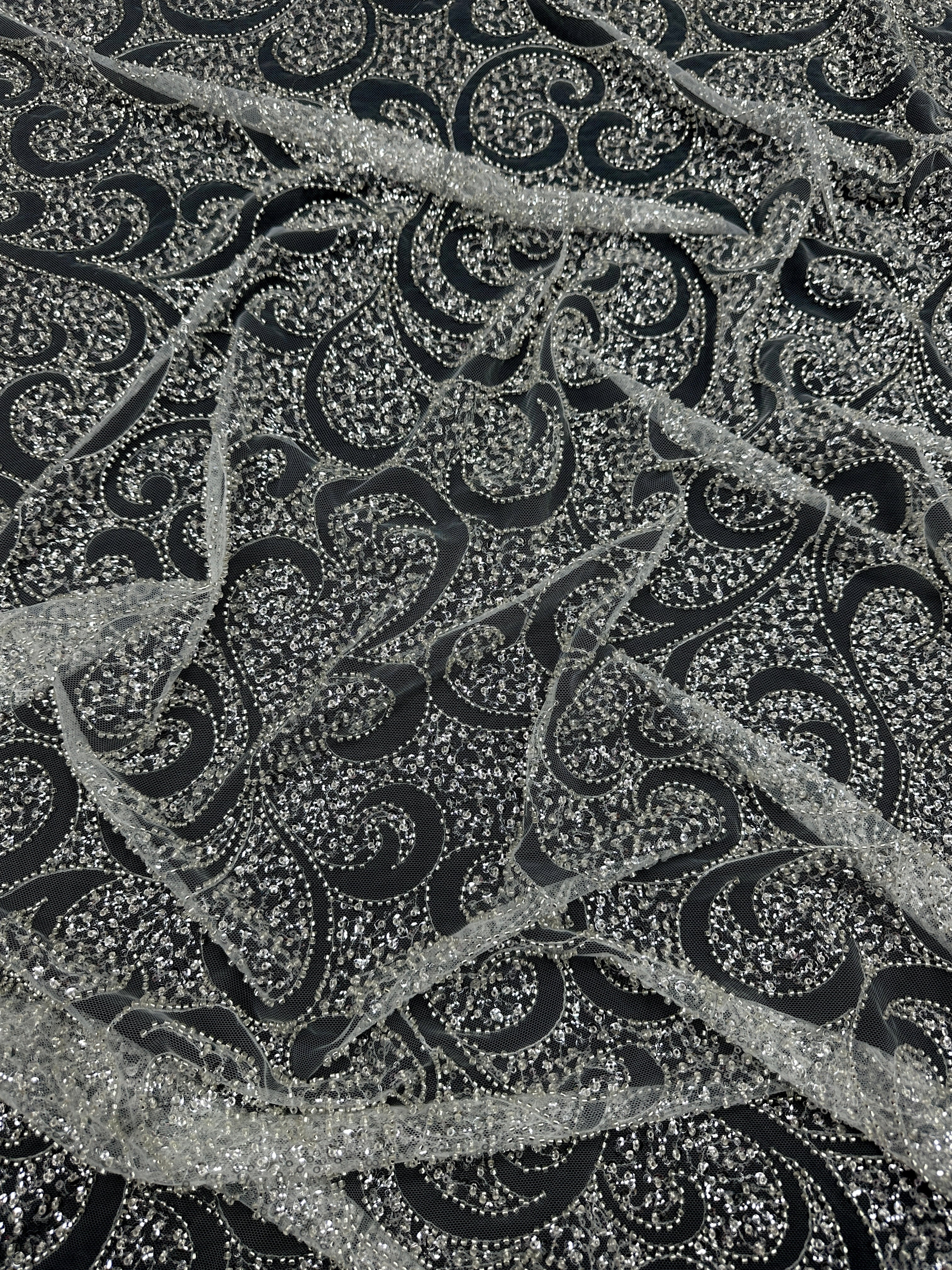 Silver Sequin Beaded Scroll Lace on Mesh - Image 7