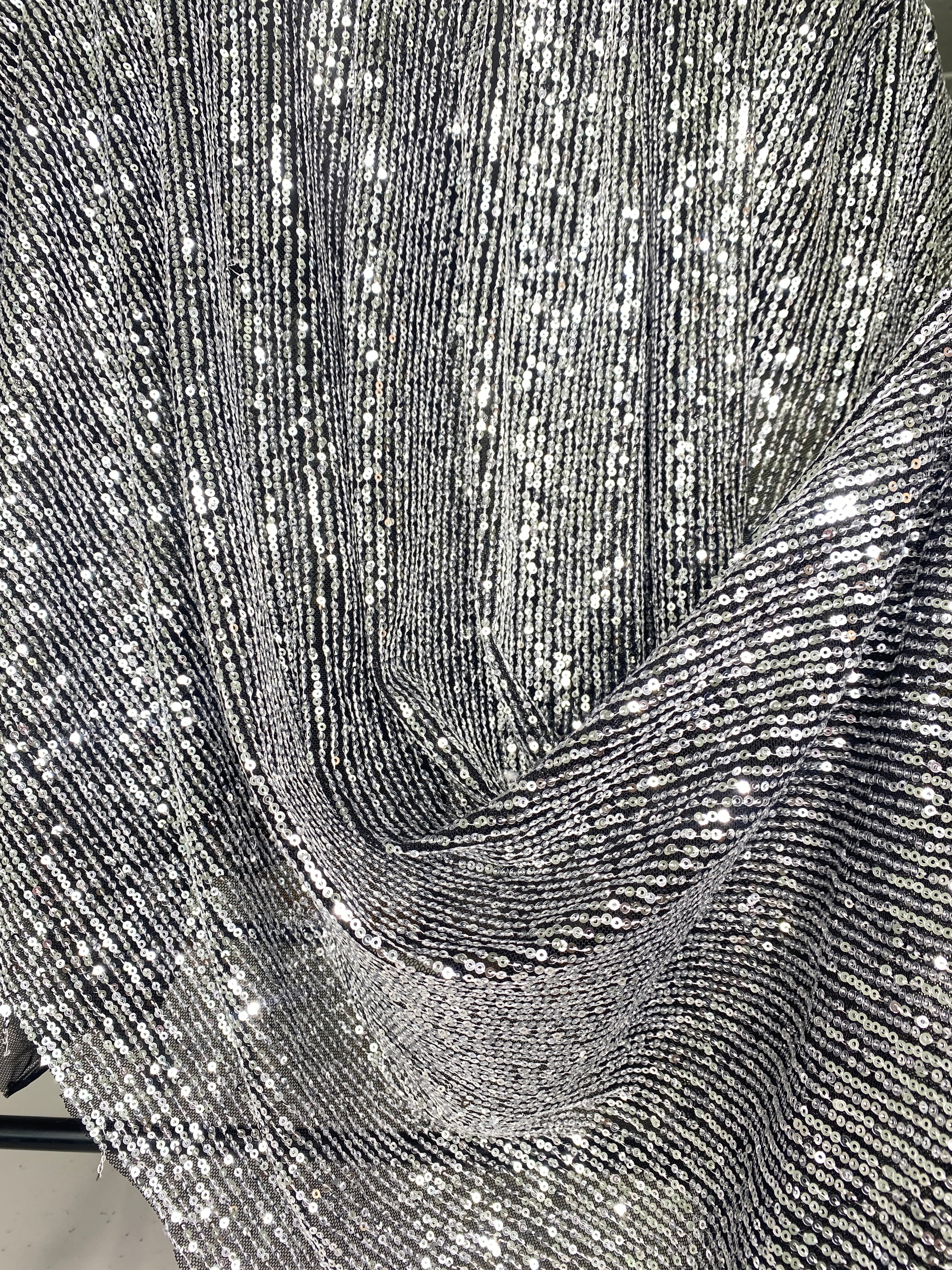 Silver Striped Stretch Sequin on Black Mesh - Image 10