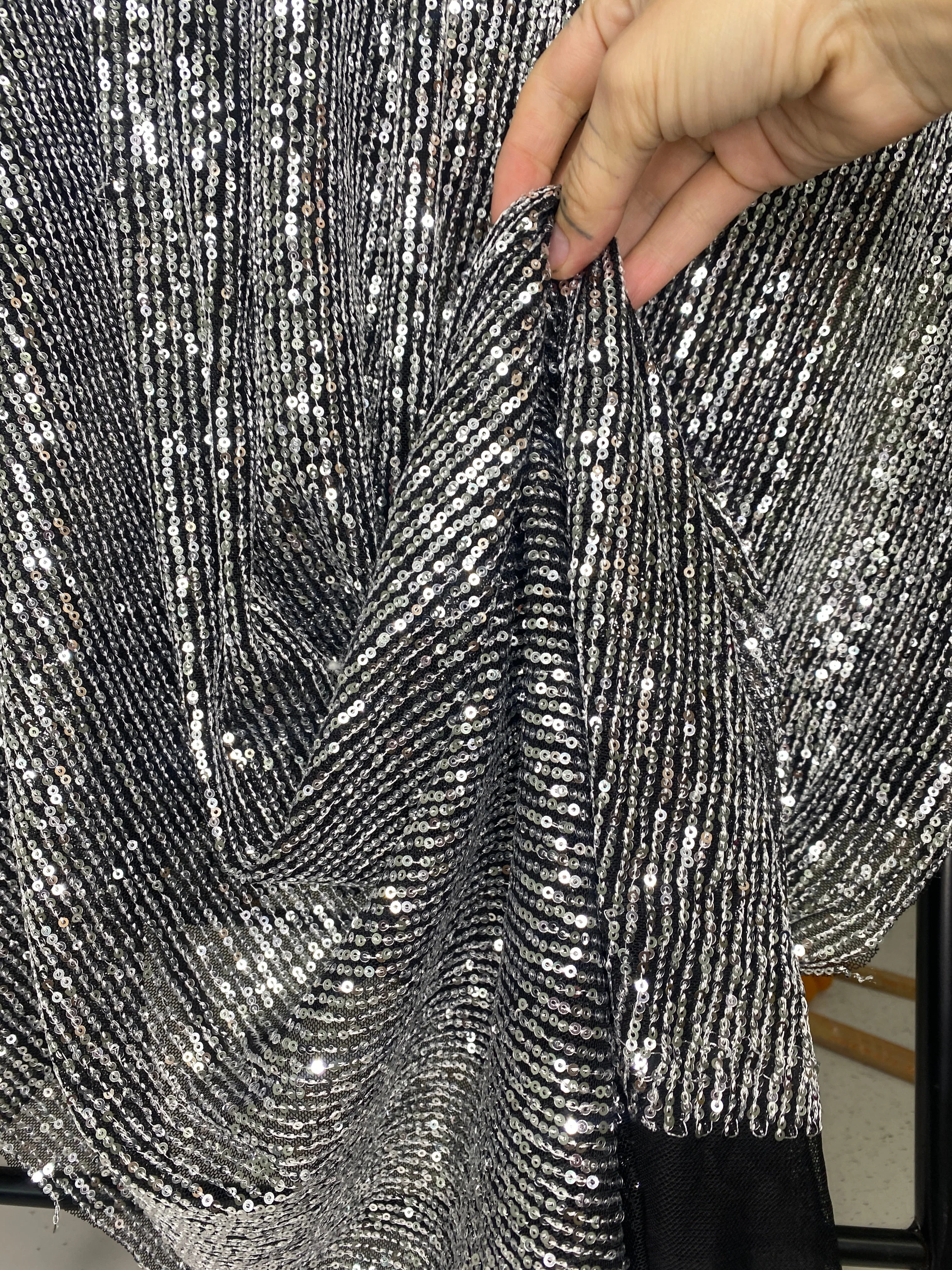 Silver Striped Stretch Sequin on Black Mesh - Image 11