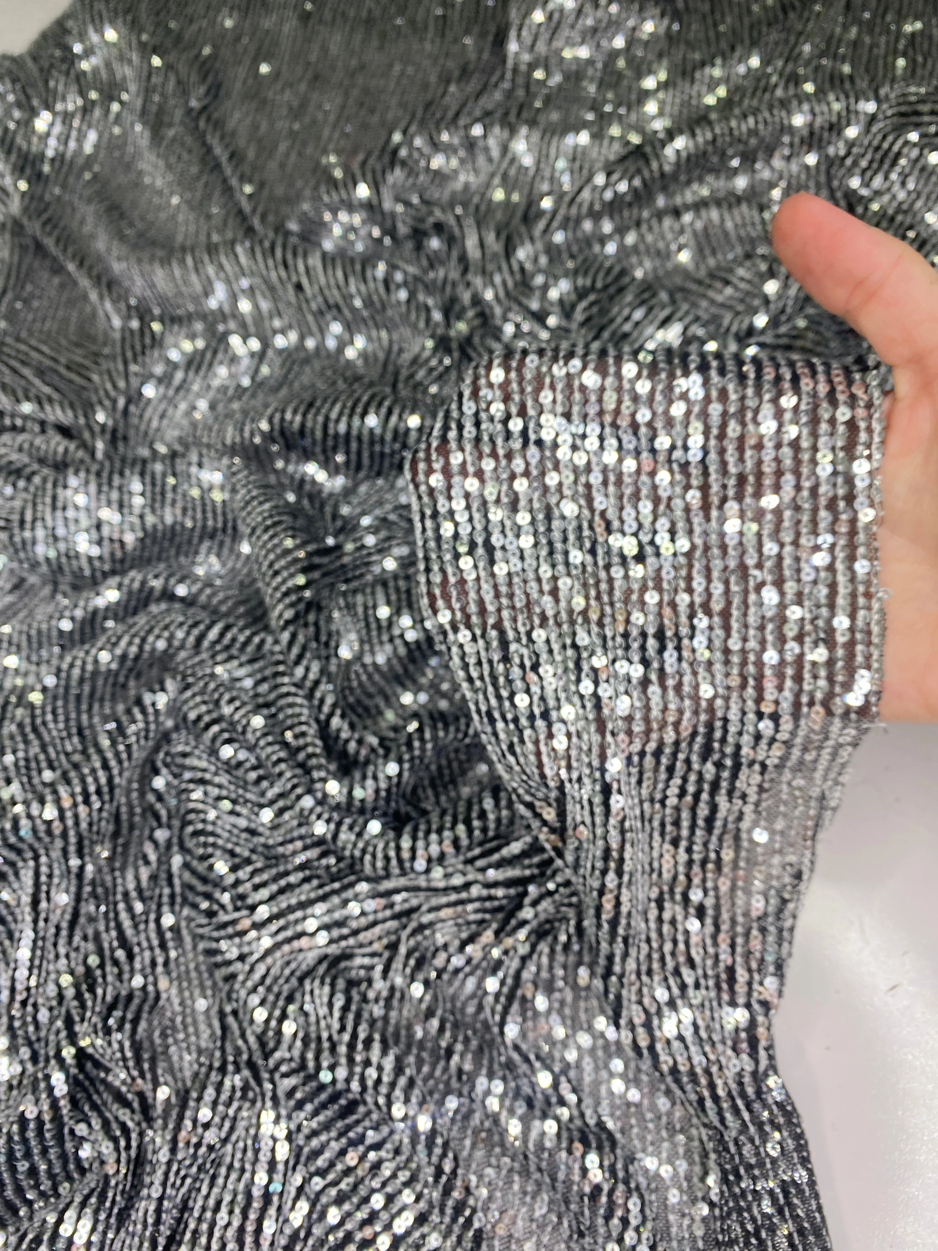 Silver Striped Stretch Sequin on Black Mesh - Image 3