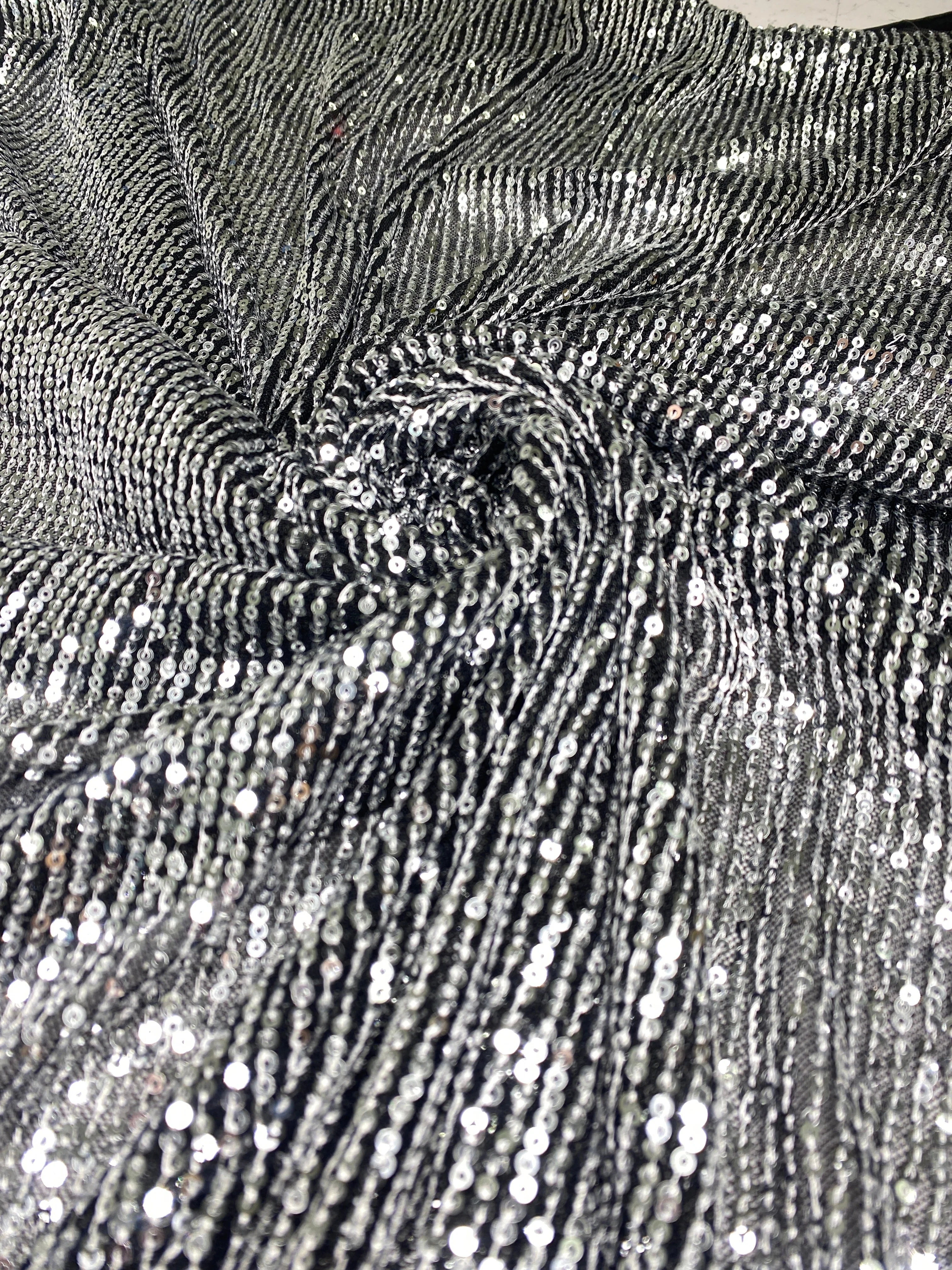 Silver Striped Stretch Sequin on Black Mesh - Image 4