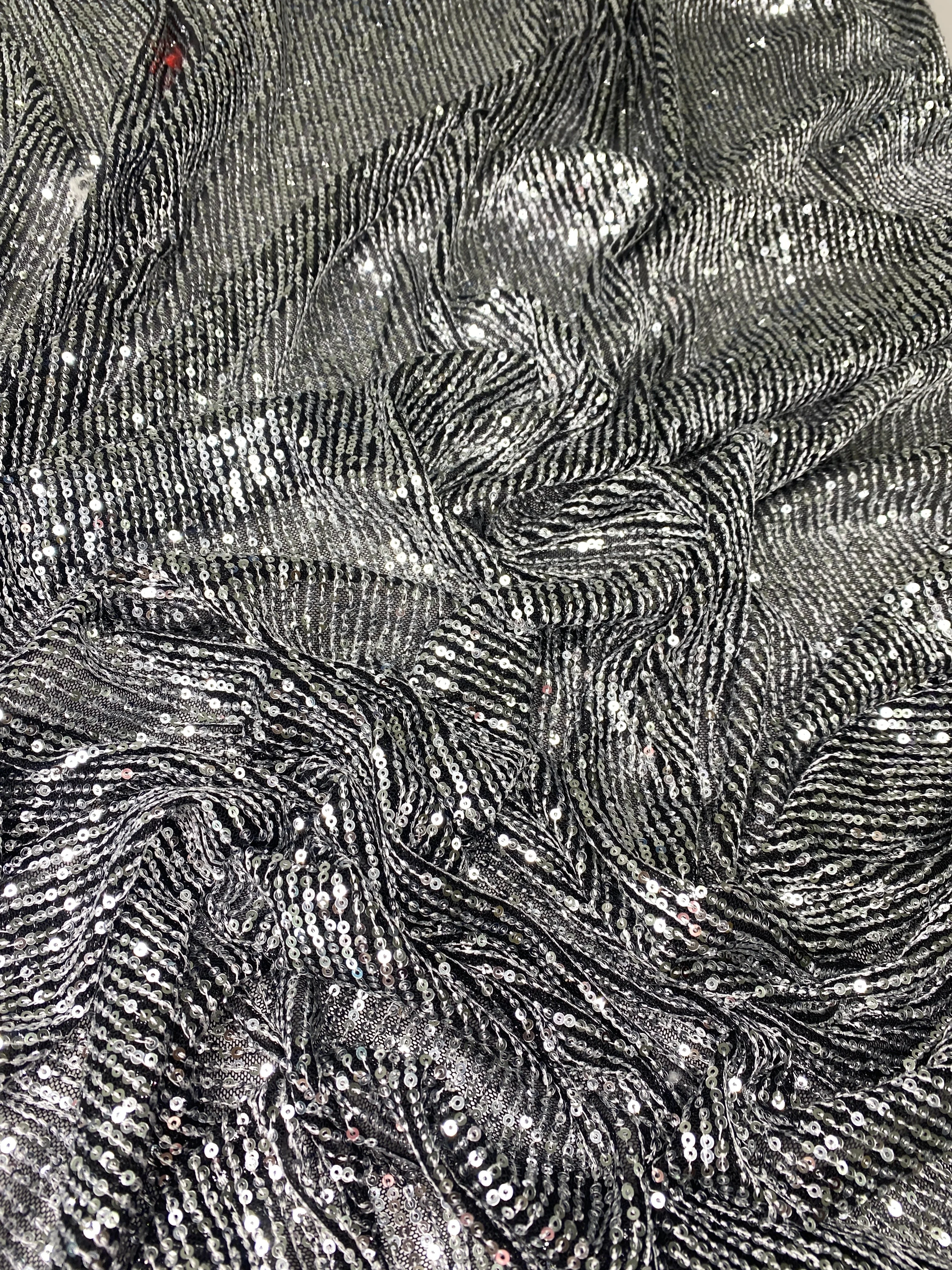 Silver Striped Stretch Sequin on Black Mesh - Image 5
