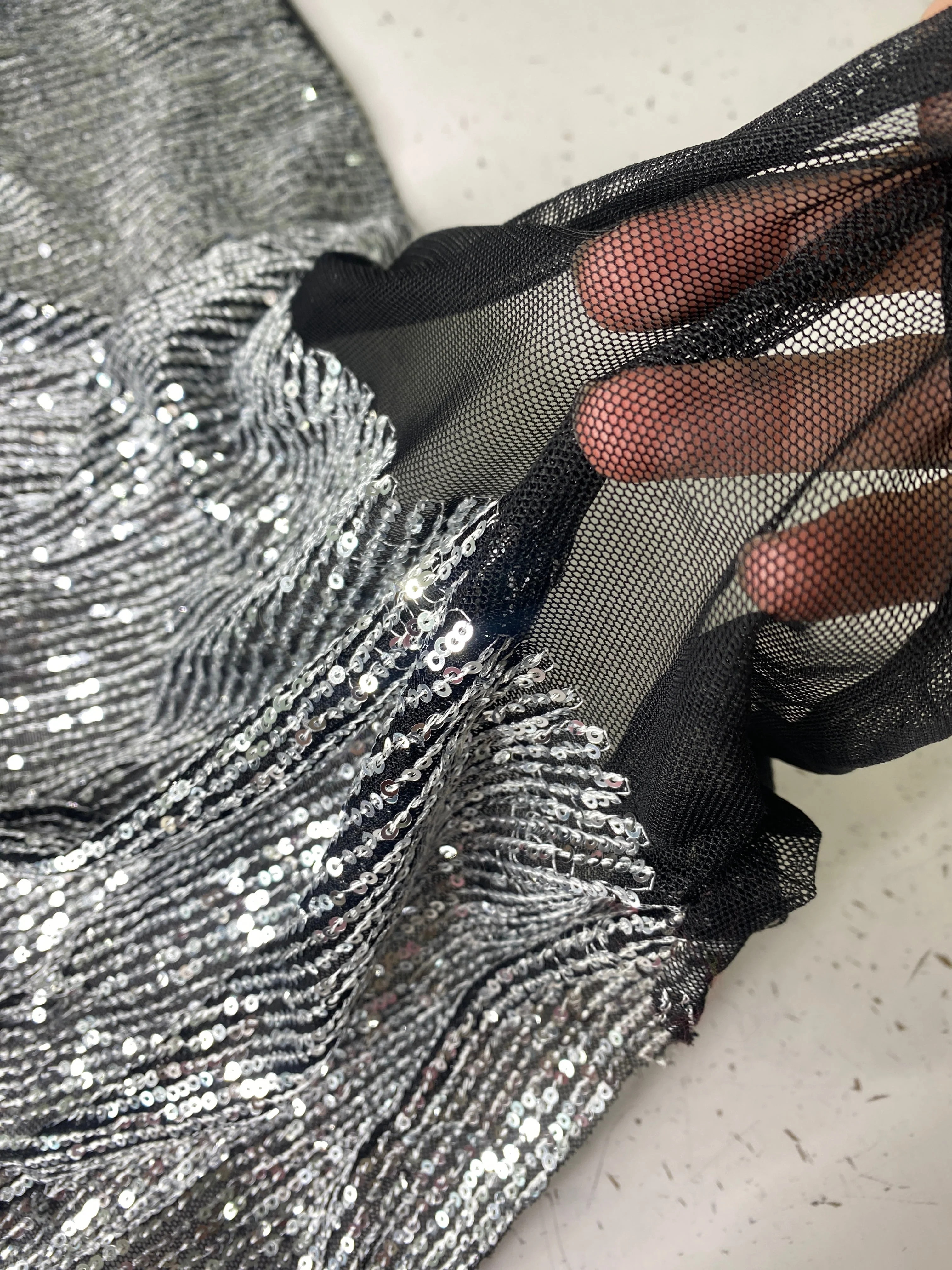 Silver Striped Stretch Sequin on Black Mesh - Image 6