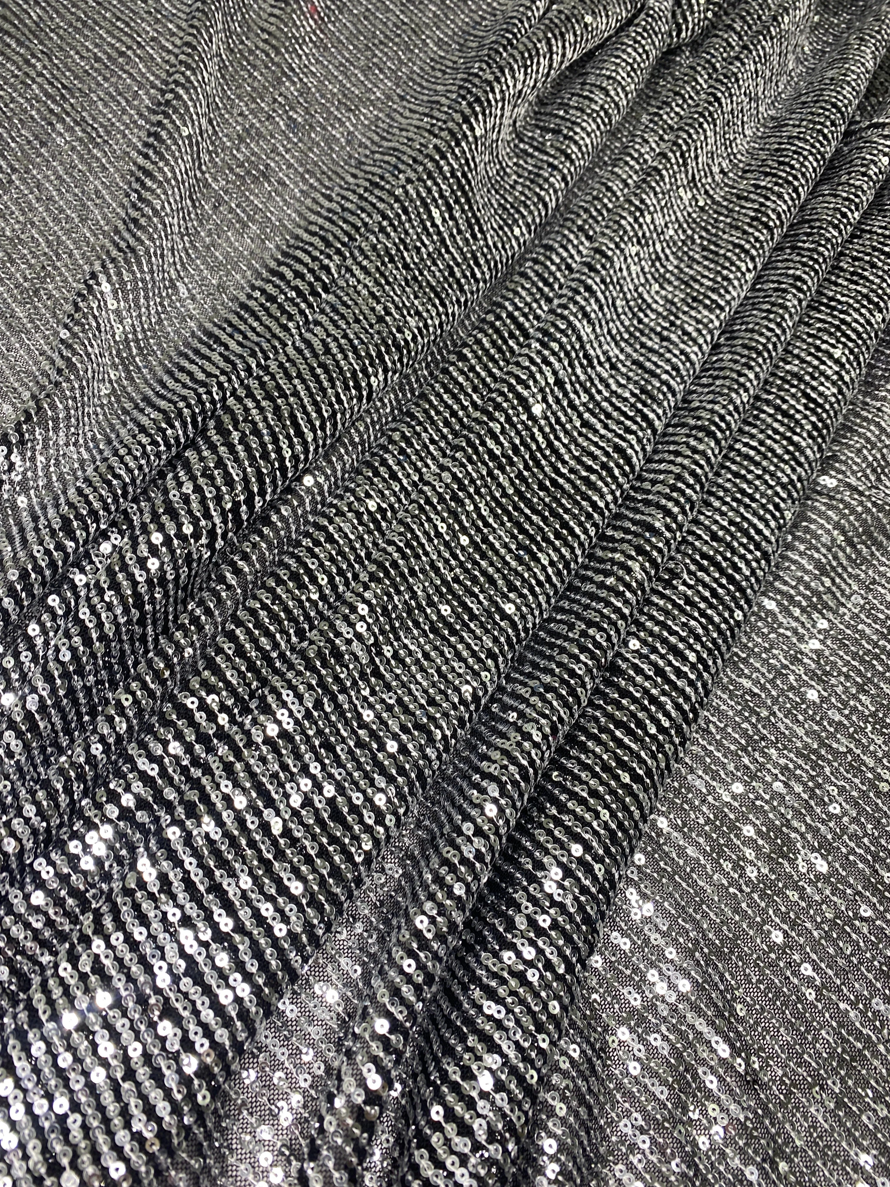 Silver Striped Stretch Sequin on Black Mesh - Image 7