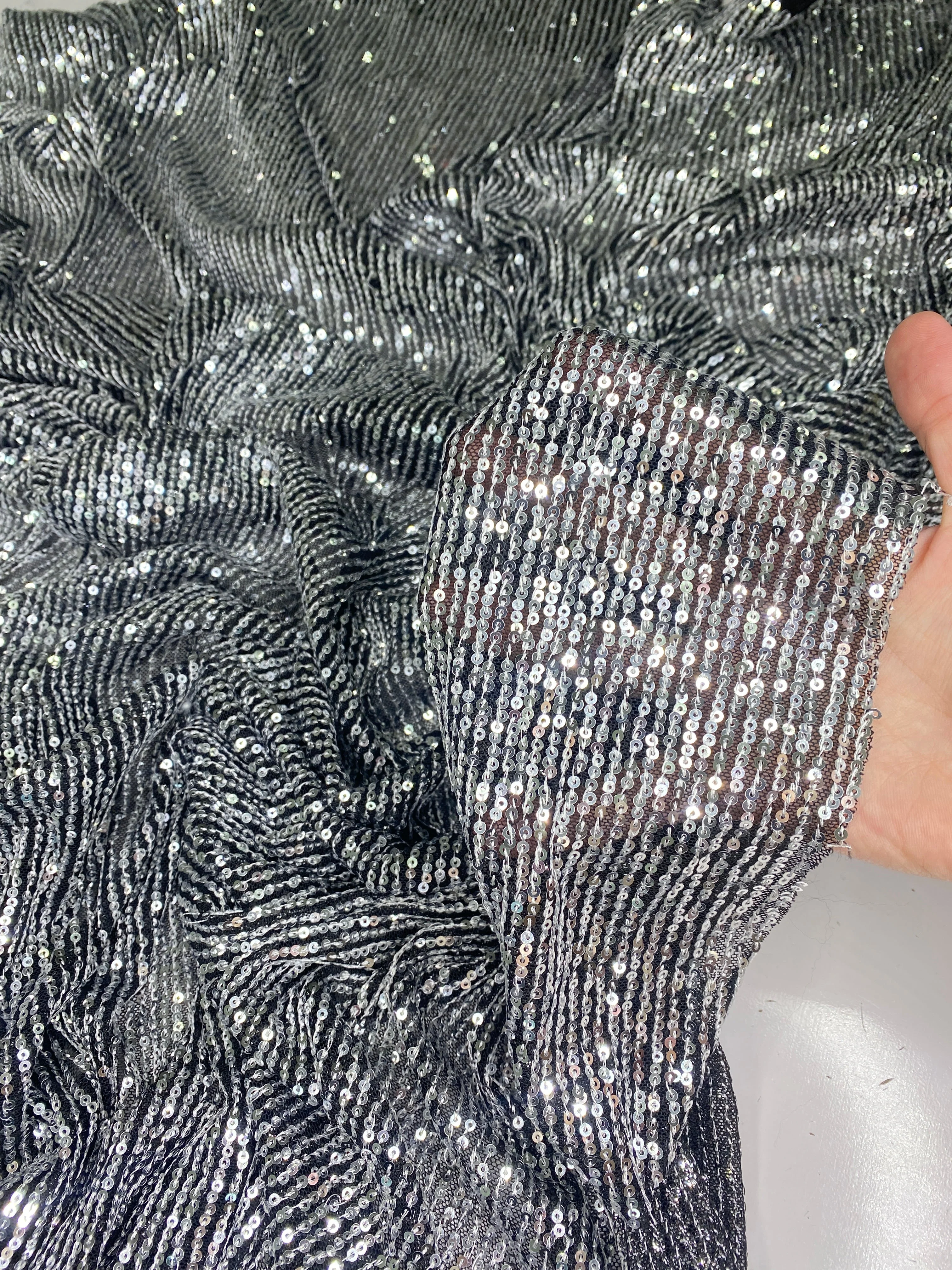 Silver Striped Stretch Sequin on Black Mesh - Image 8