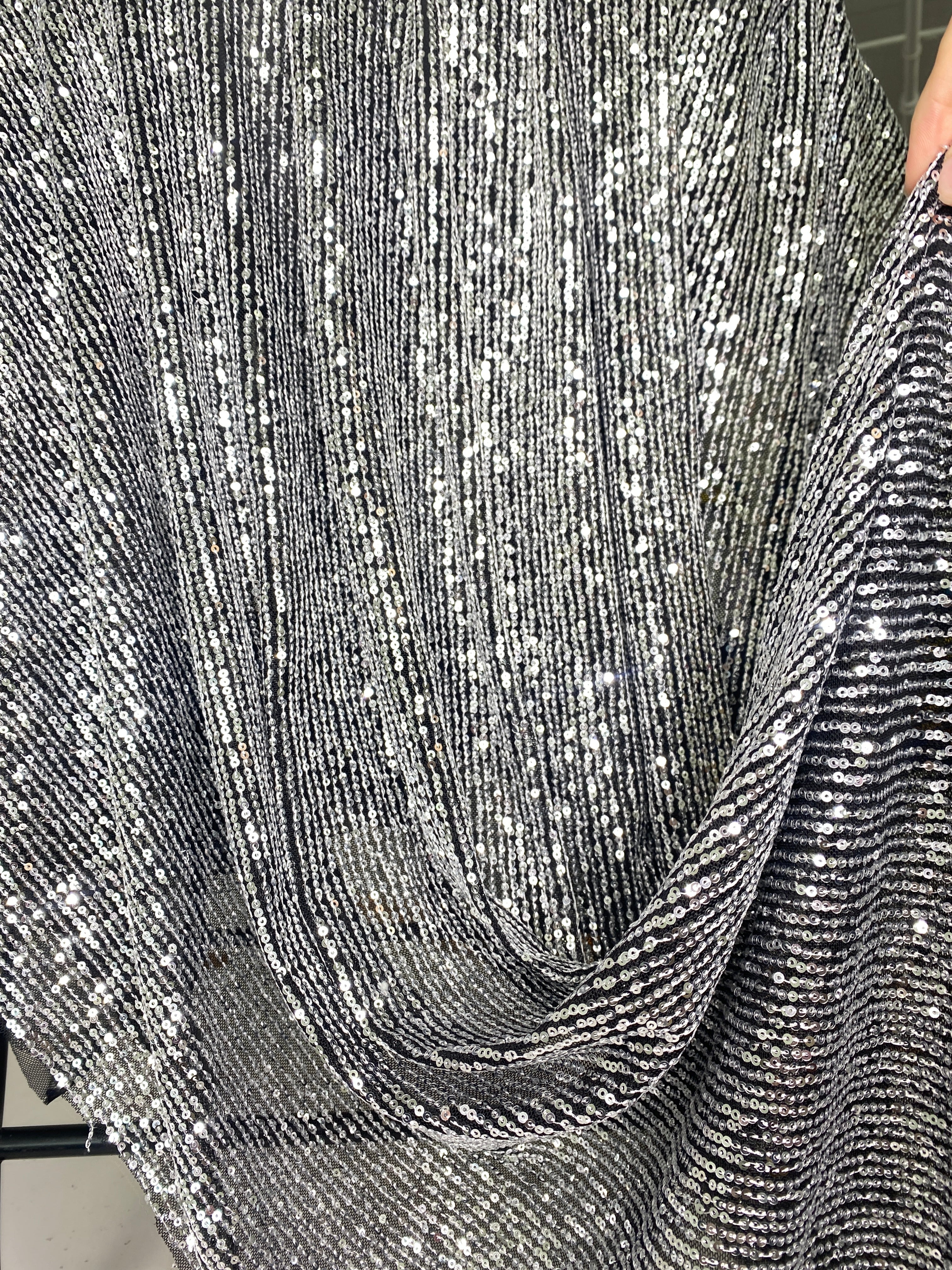 Silver Striped Stretch Sequin on Black Mesh - Image 9