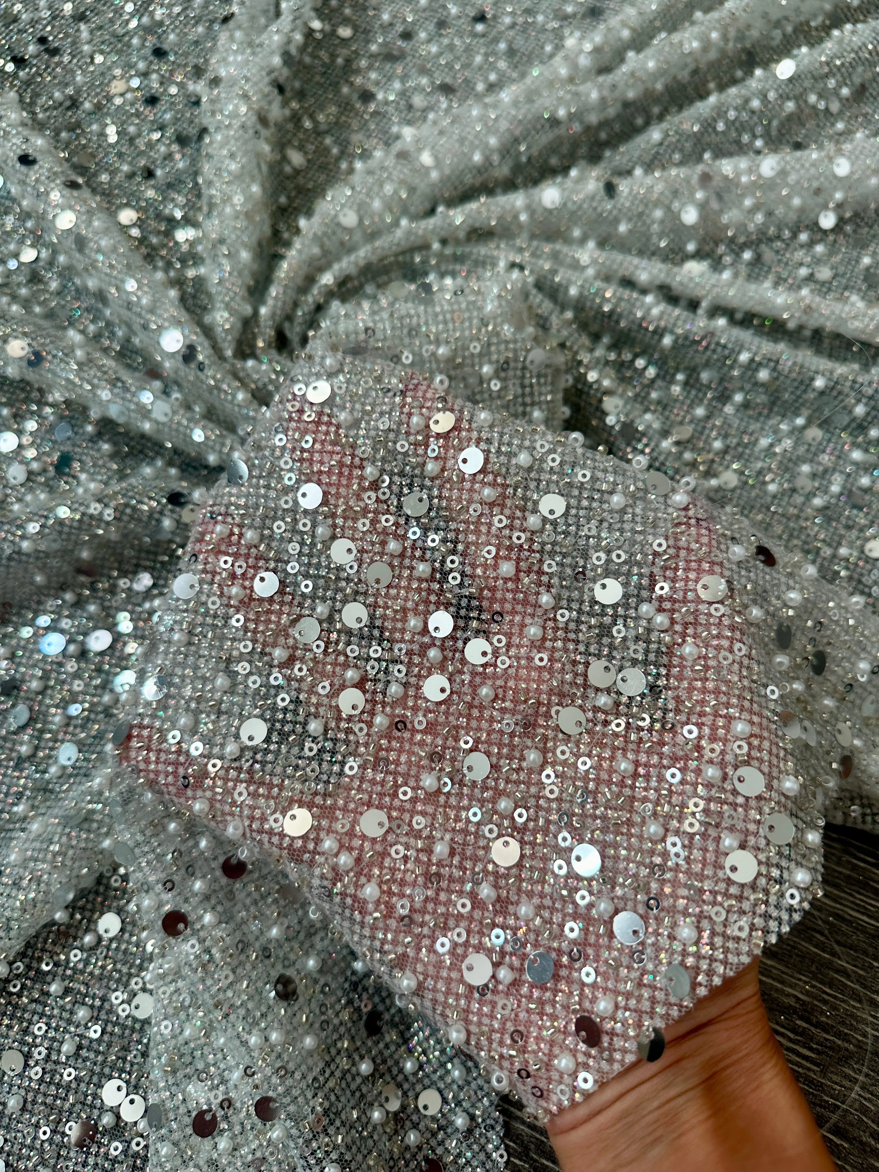 Silver Sequin Pearl Beaded Mesh