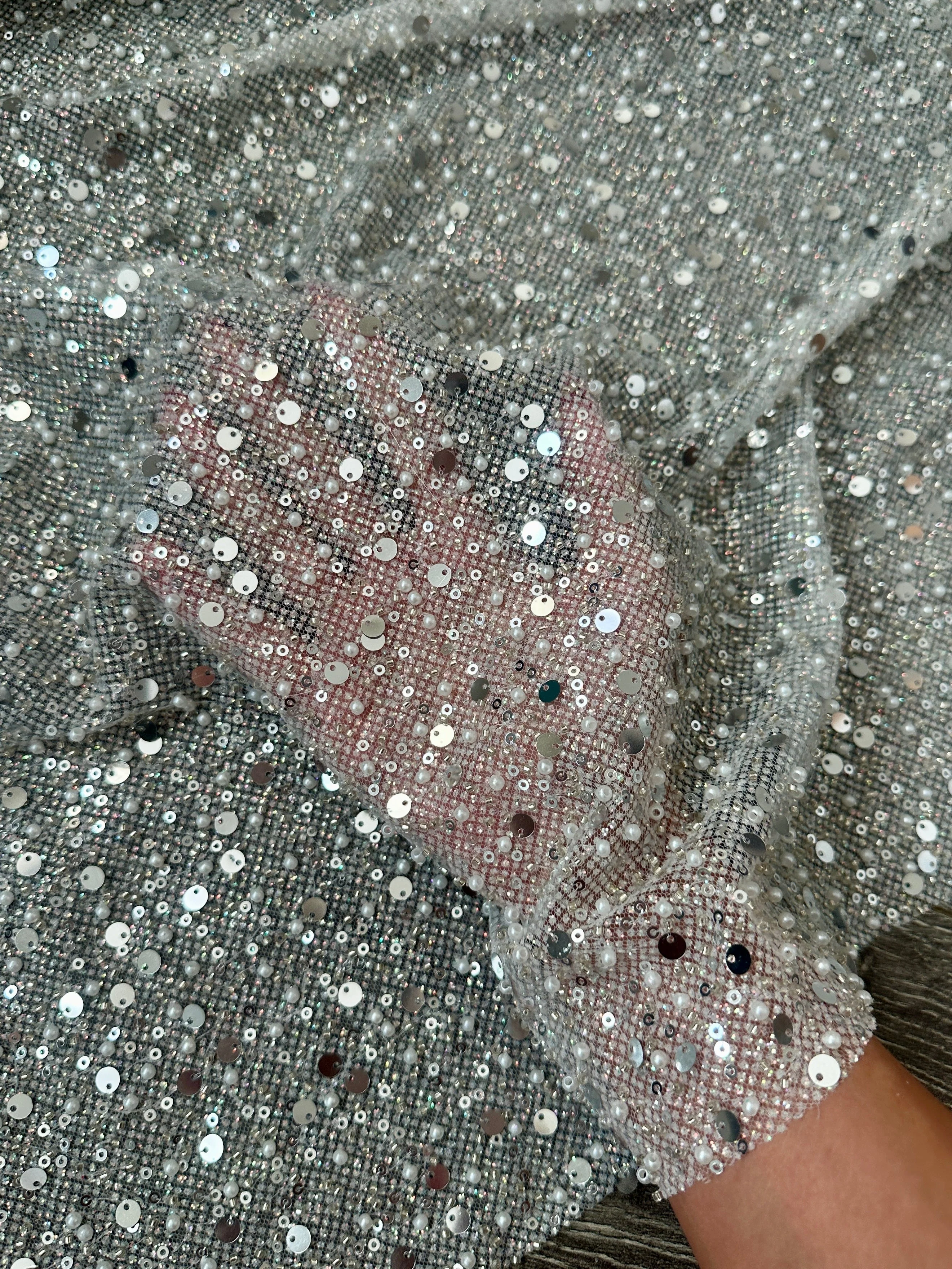 Silver Sequin Pearl Beaded Mesh - Image 10