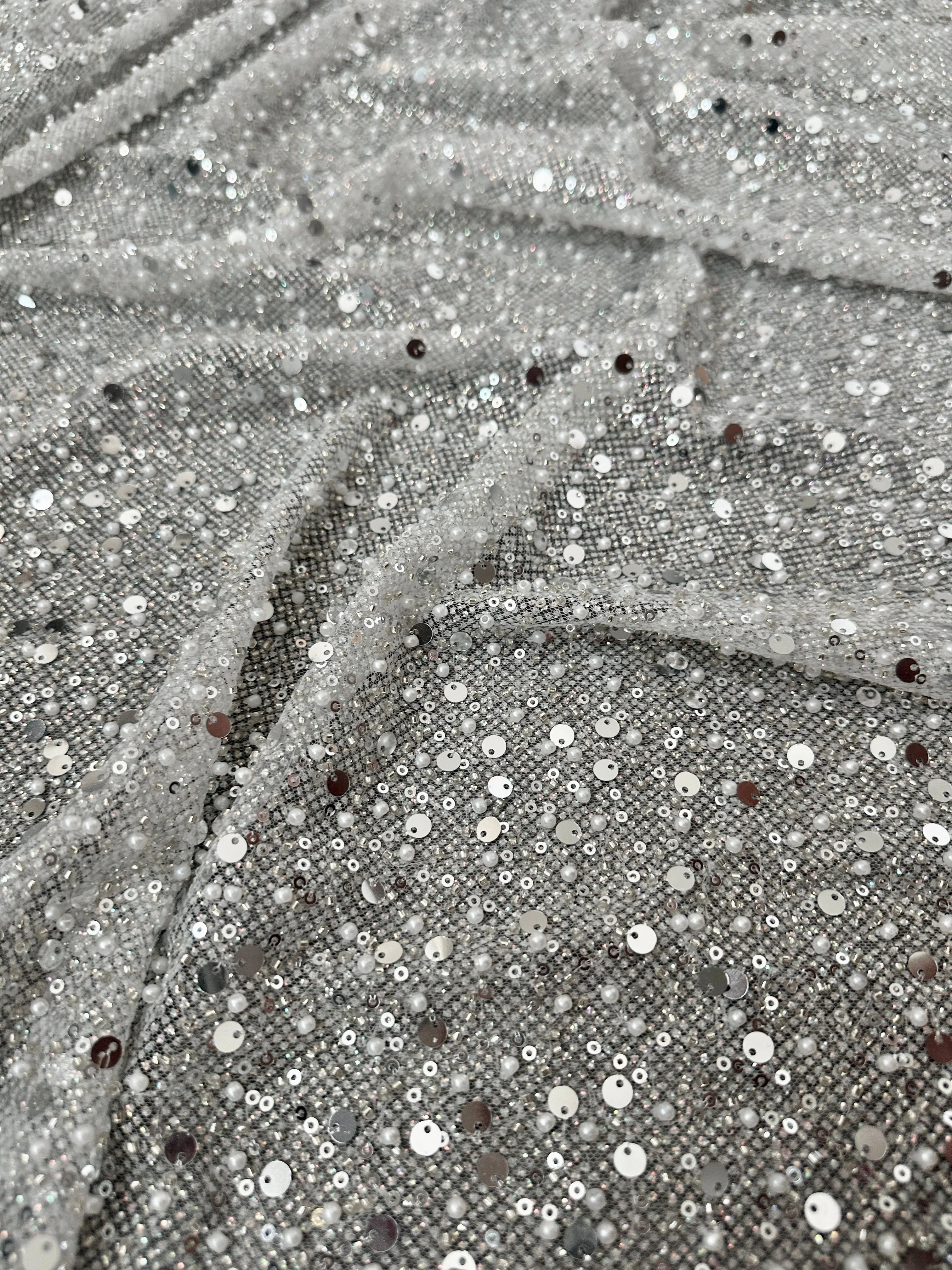 Silver Sequin Pearl Beaded Mesh - Image 2