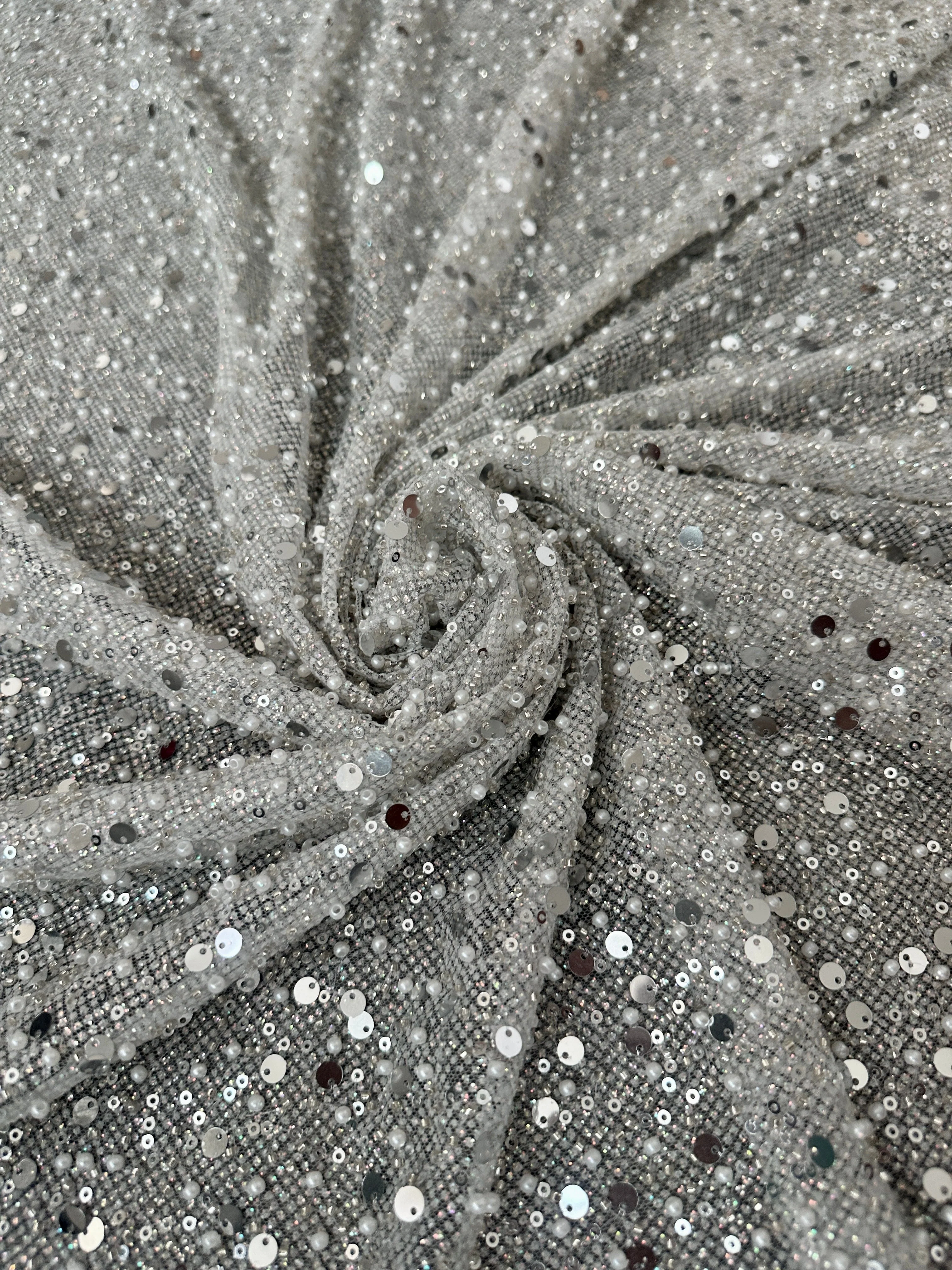 Silver Sequin Pearl Beaded Mesh - Image 3