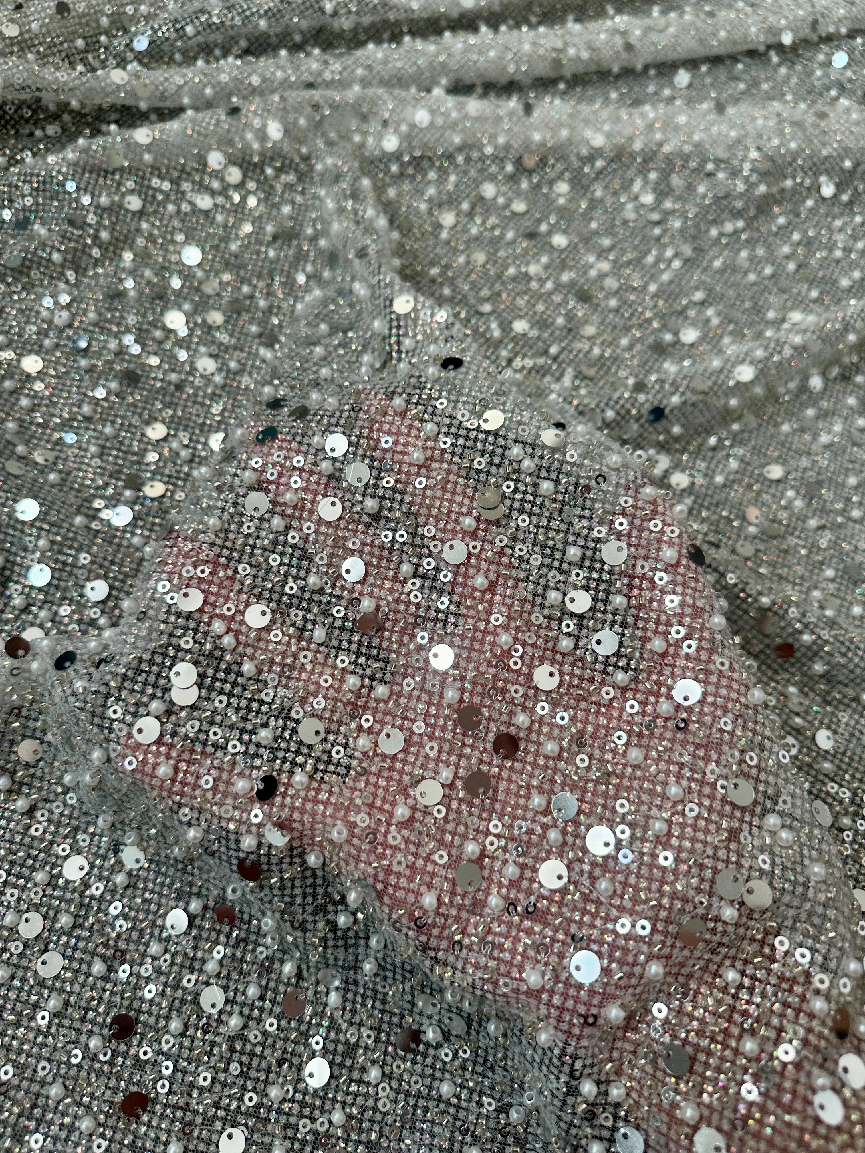Silver Sequin Pearl Beaded Mesh - Image 4