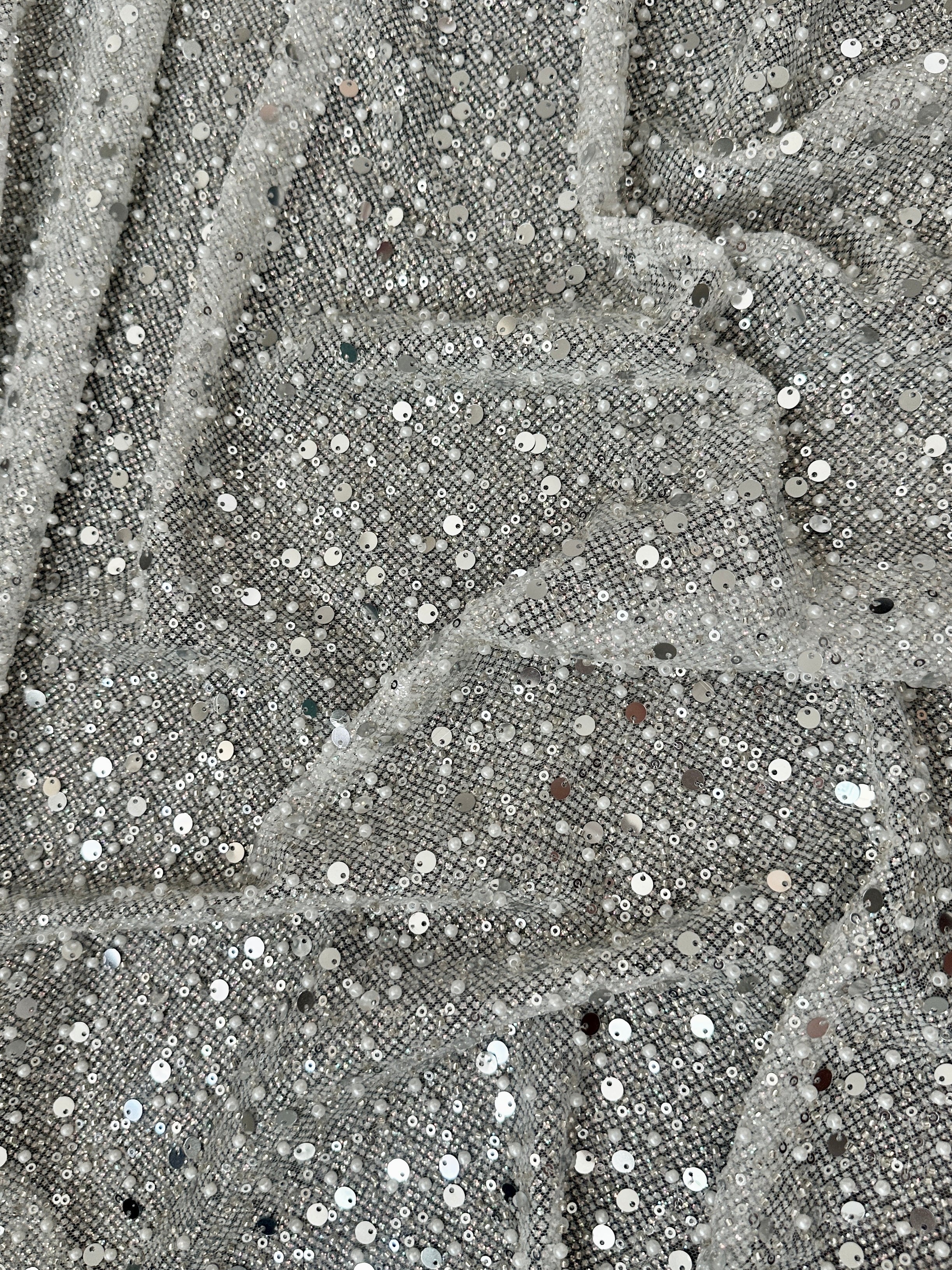 Silver Sequin Pearl Beaded Mesh - Image 5
