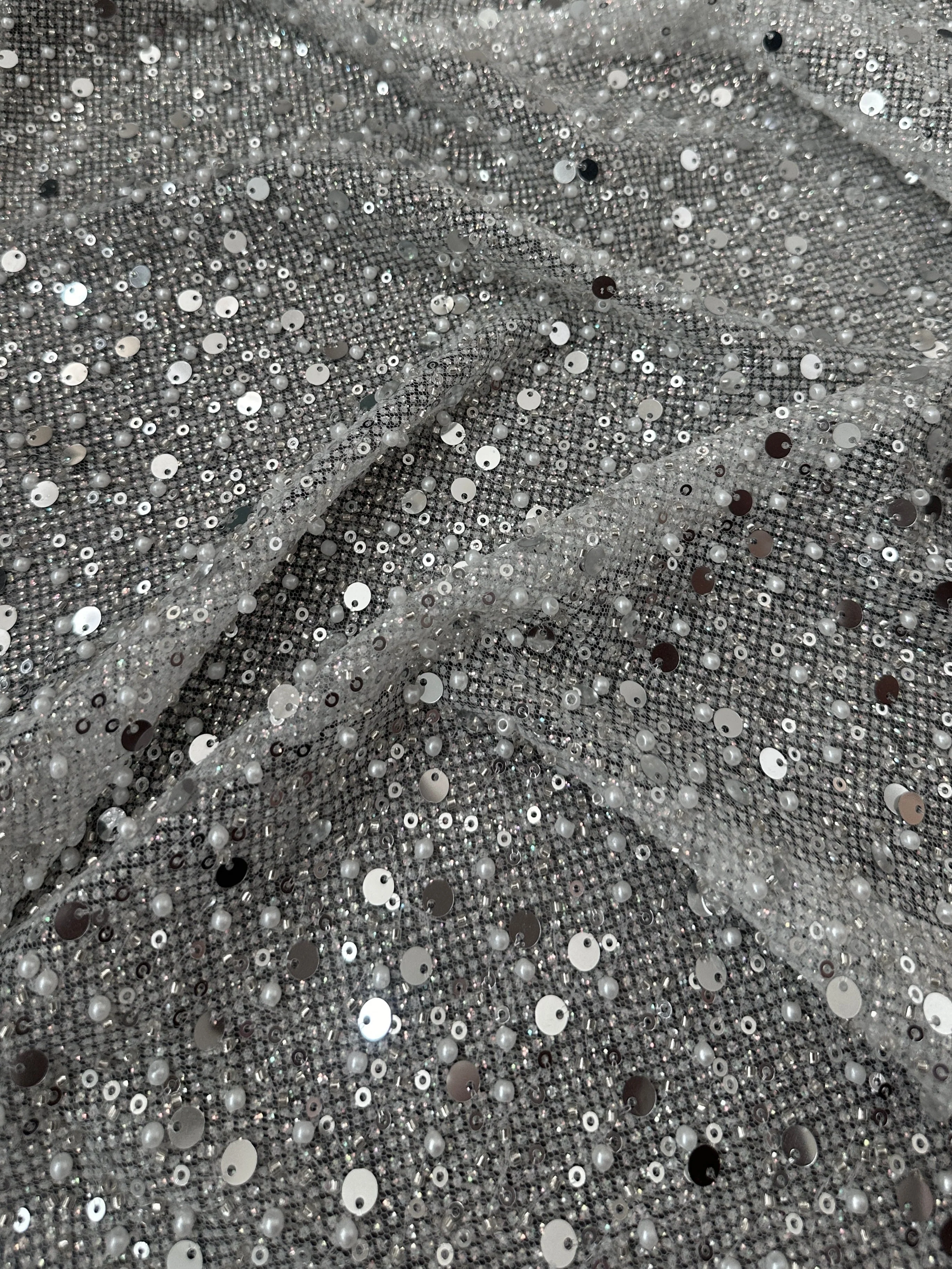 Silver Sequin Pearl Beaded Mesh - Image 6