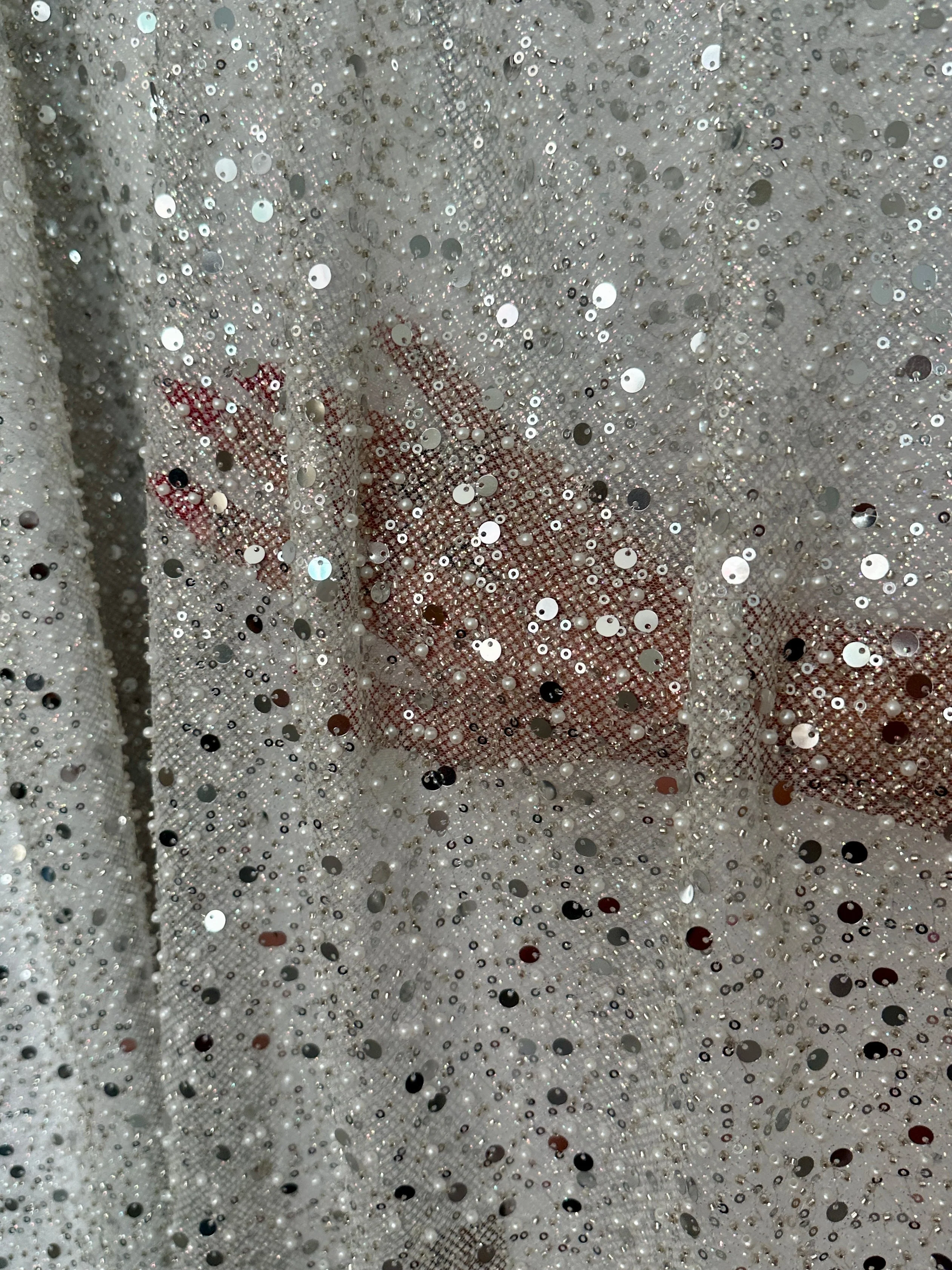 Silver Sequin Pearl Beaded Mesh - Image 7