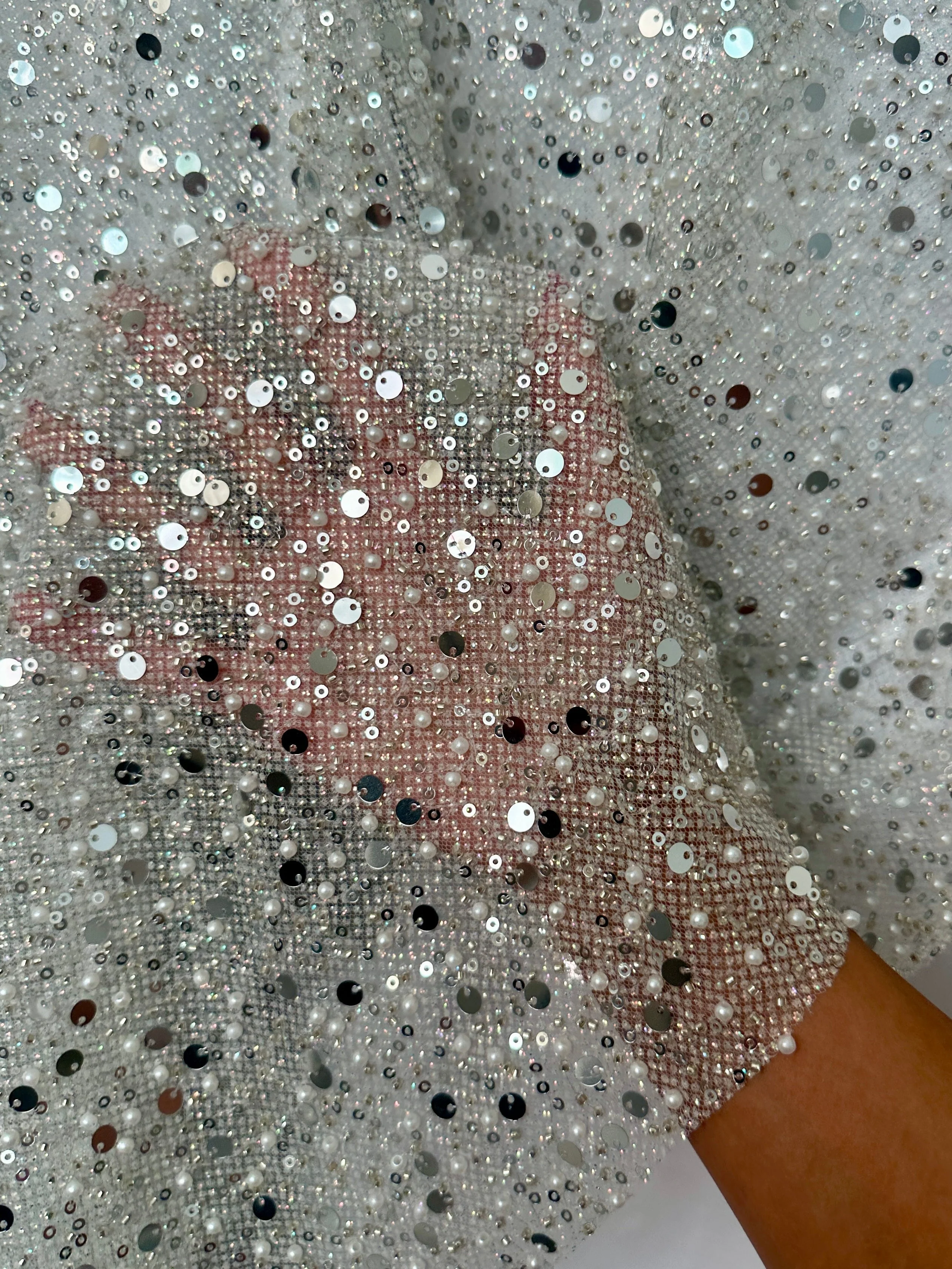 Silver Sequin Pearl Beaded Mesh - Image 8