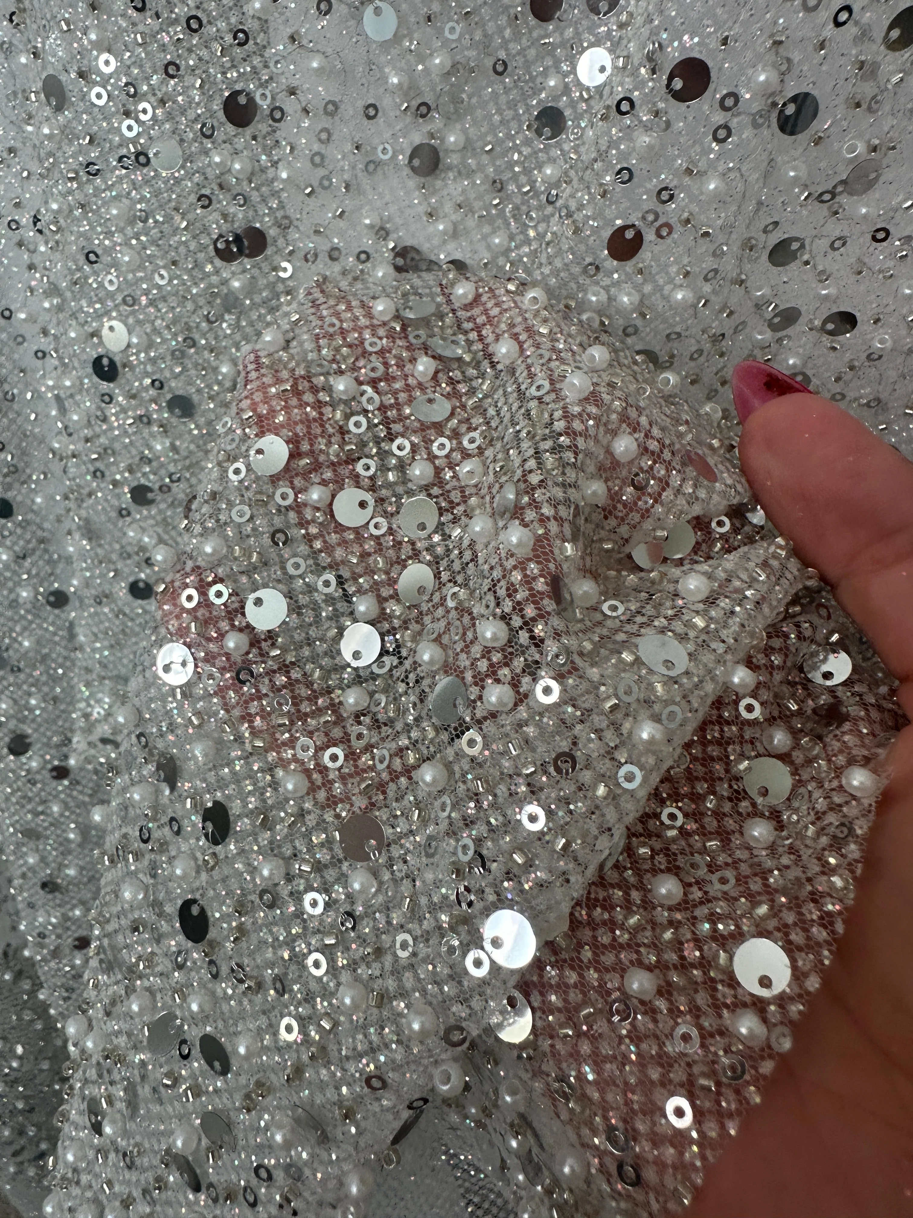Silver Sequin Pearl Beaded Mesh - Image 9