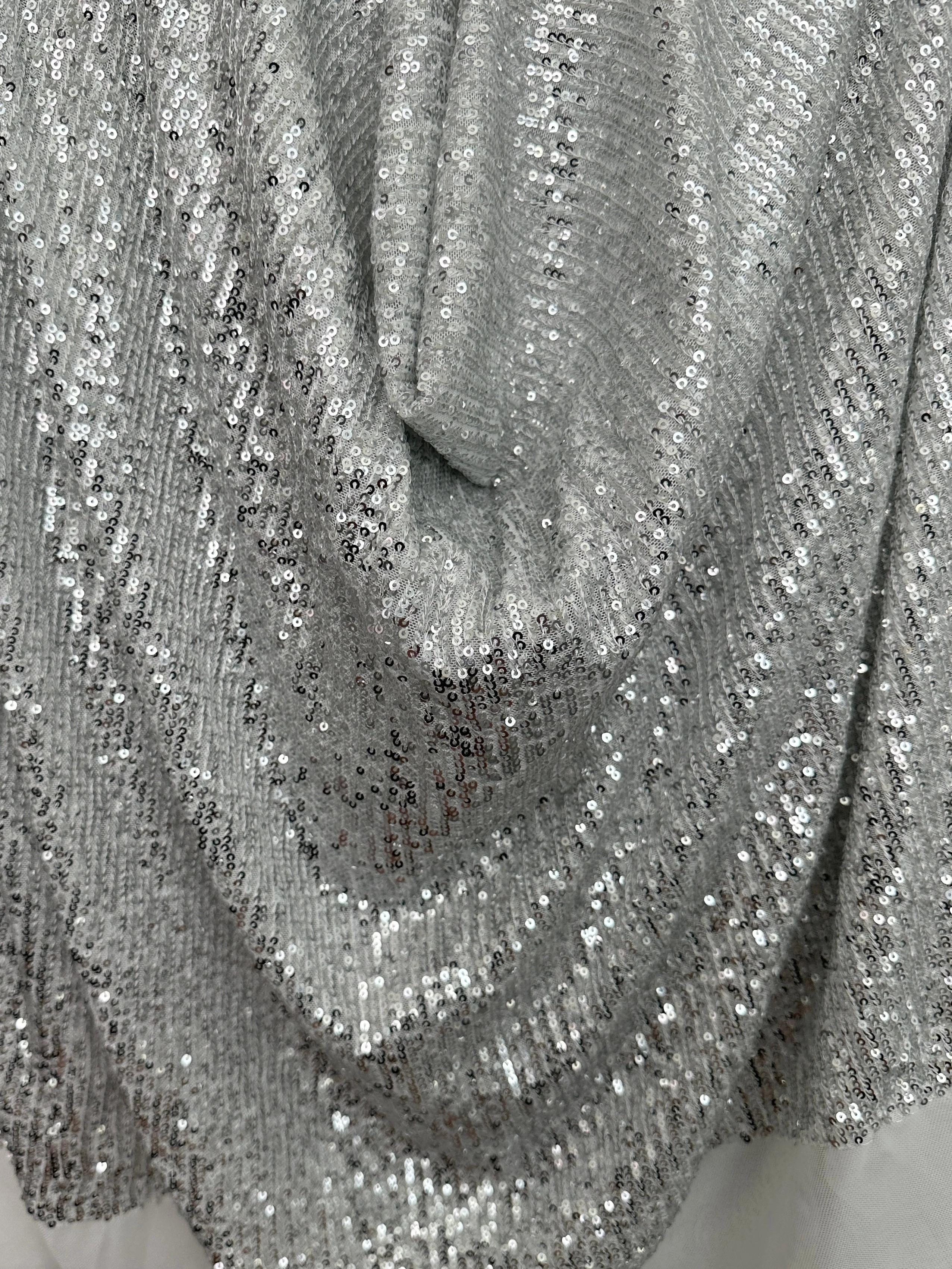 Silver Striped Stretch Sequin on White Mesh - Image 2