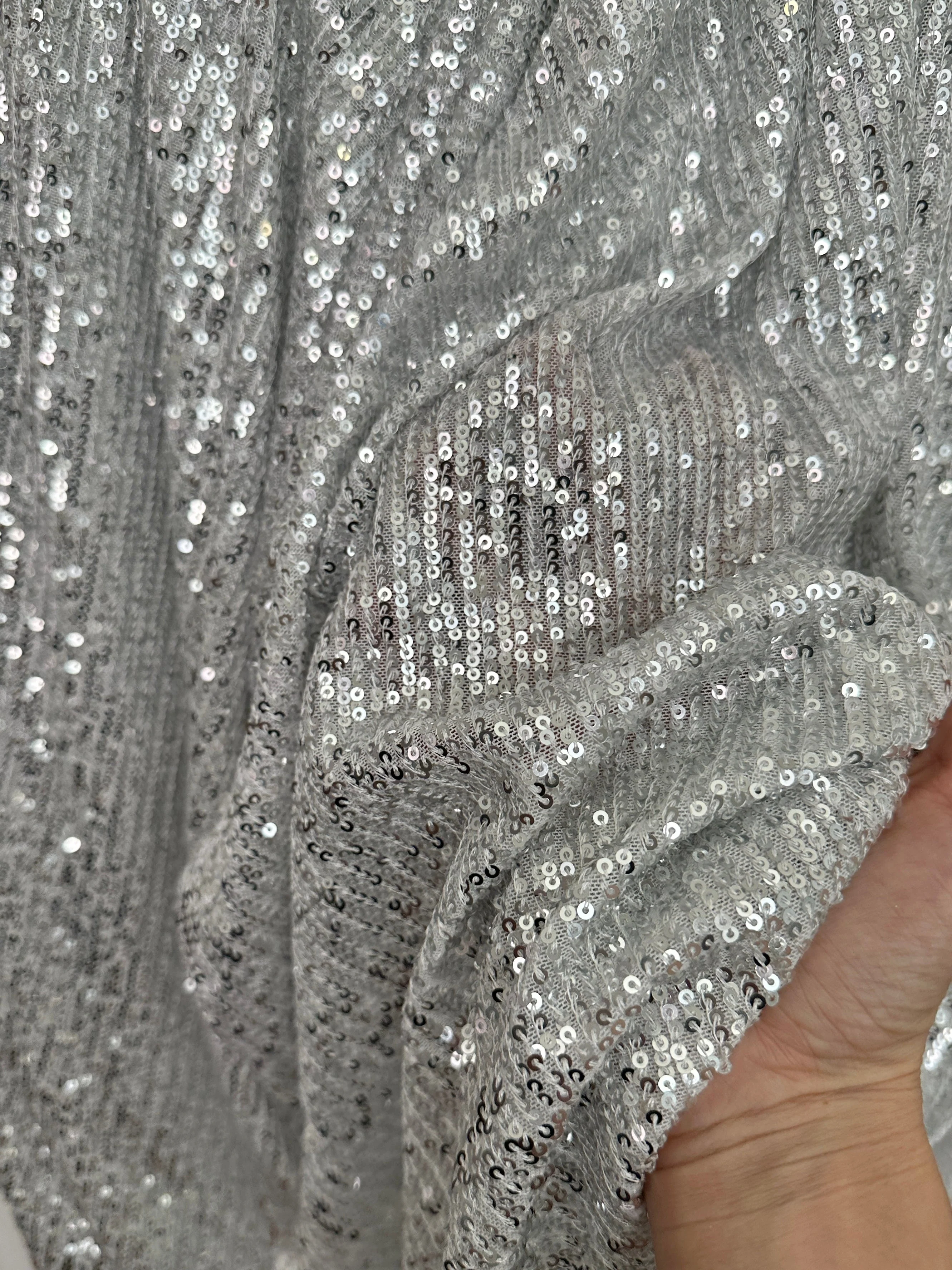 Silver Striped Stretch Sequin on White Mesh - Image 3