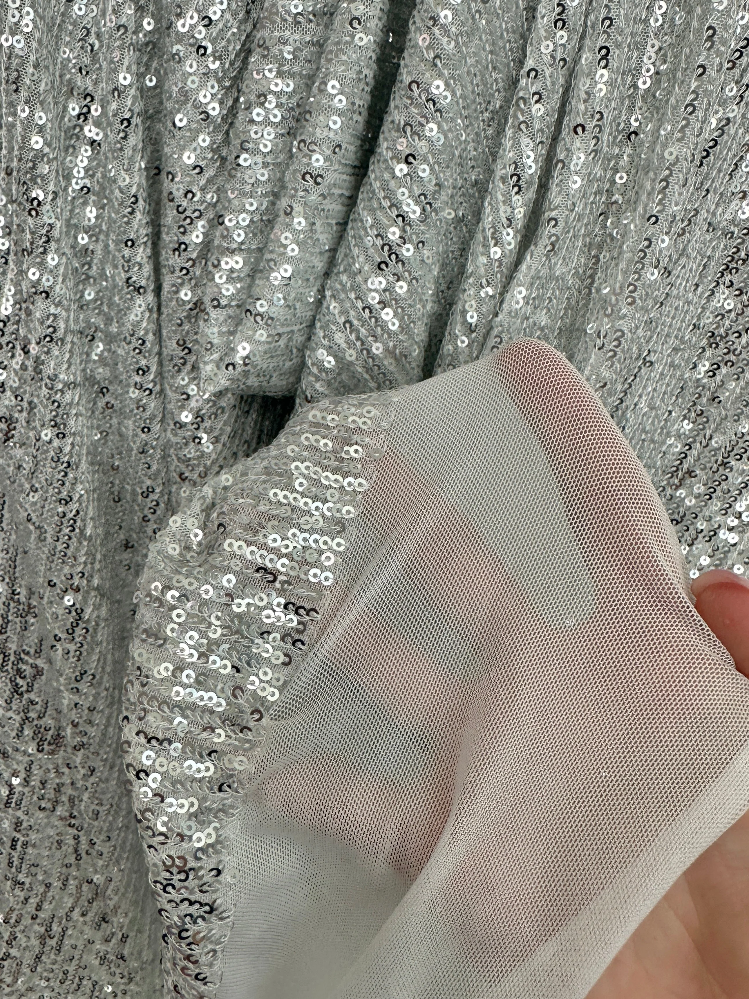 Silver Striped Stretch Sequin on White Mesh - Image 4