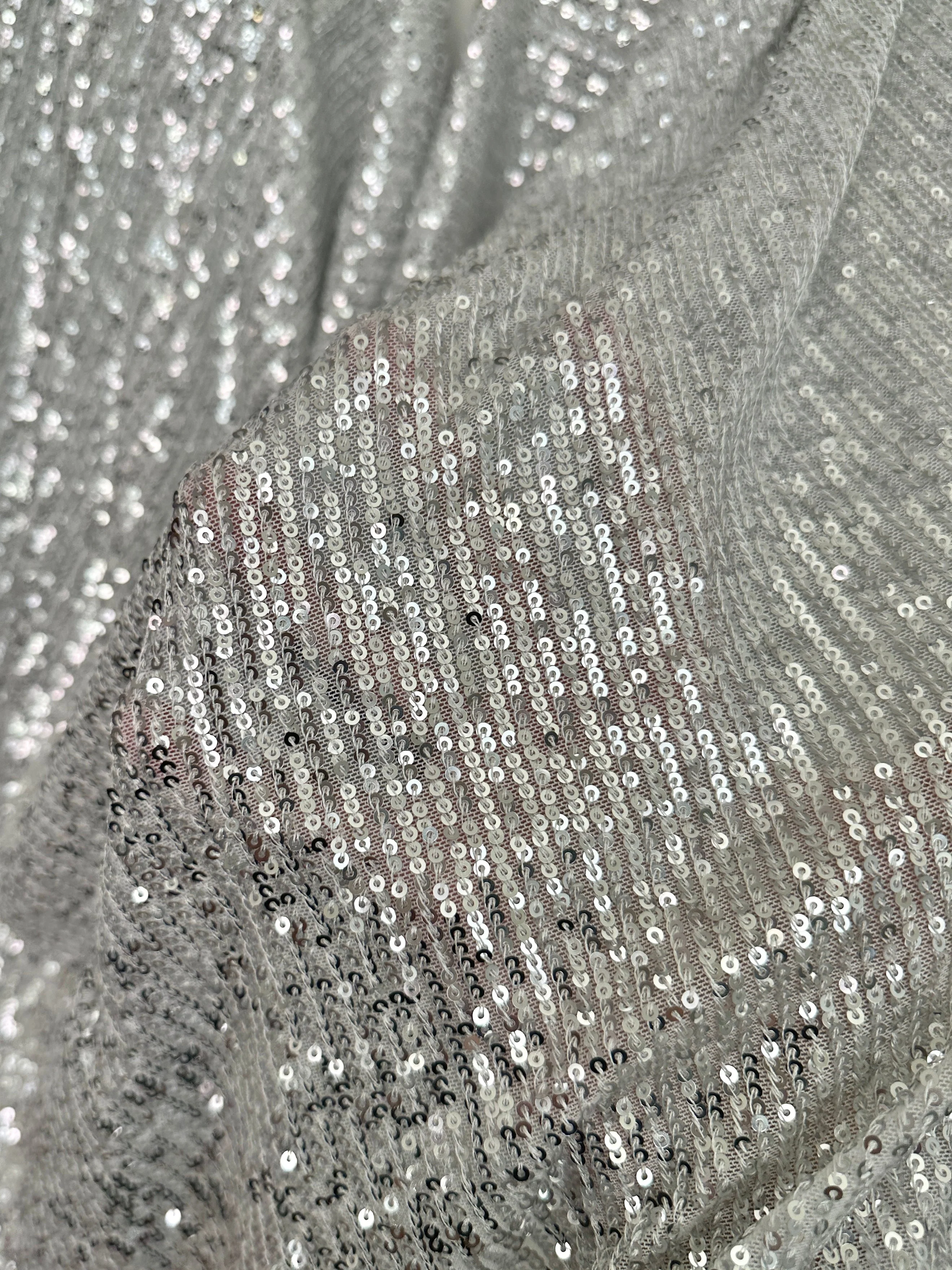 Silver Striped Stretch Sequin on White Mesh - Image 6