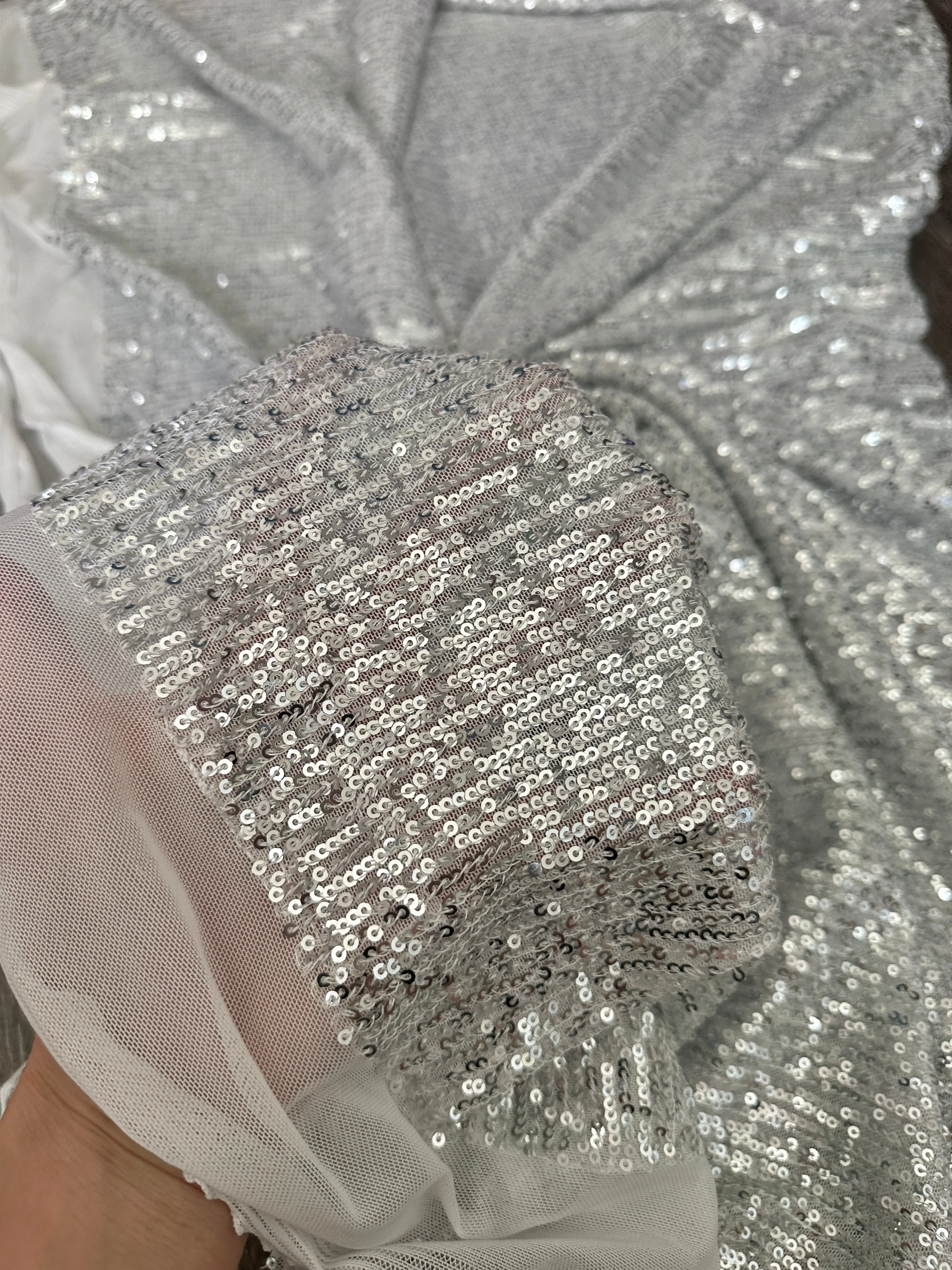 Silver Striped Stretch Sequin on White Mesh - Image 9