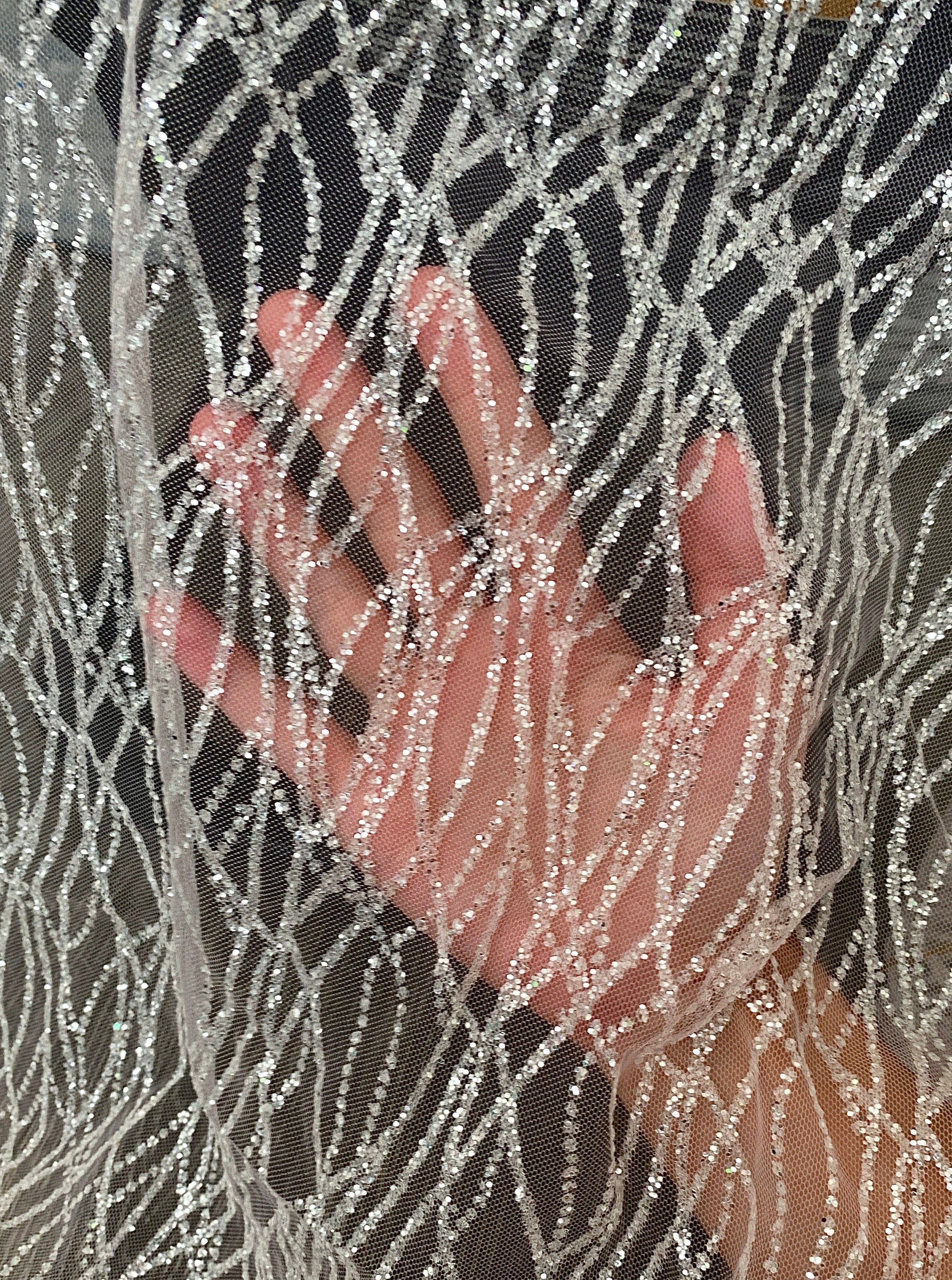 Silver White Glitter Lace on Mesh