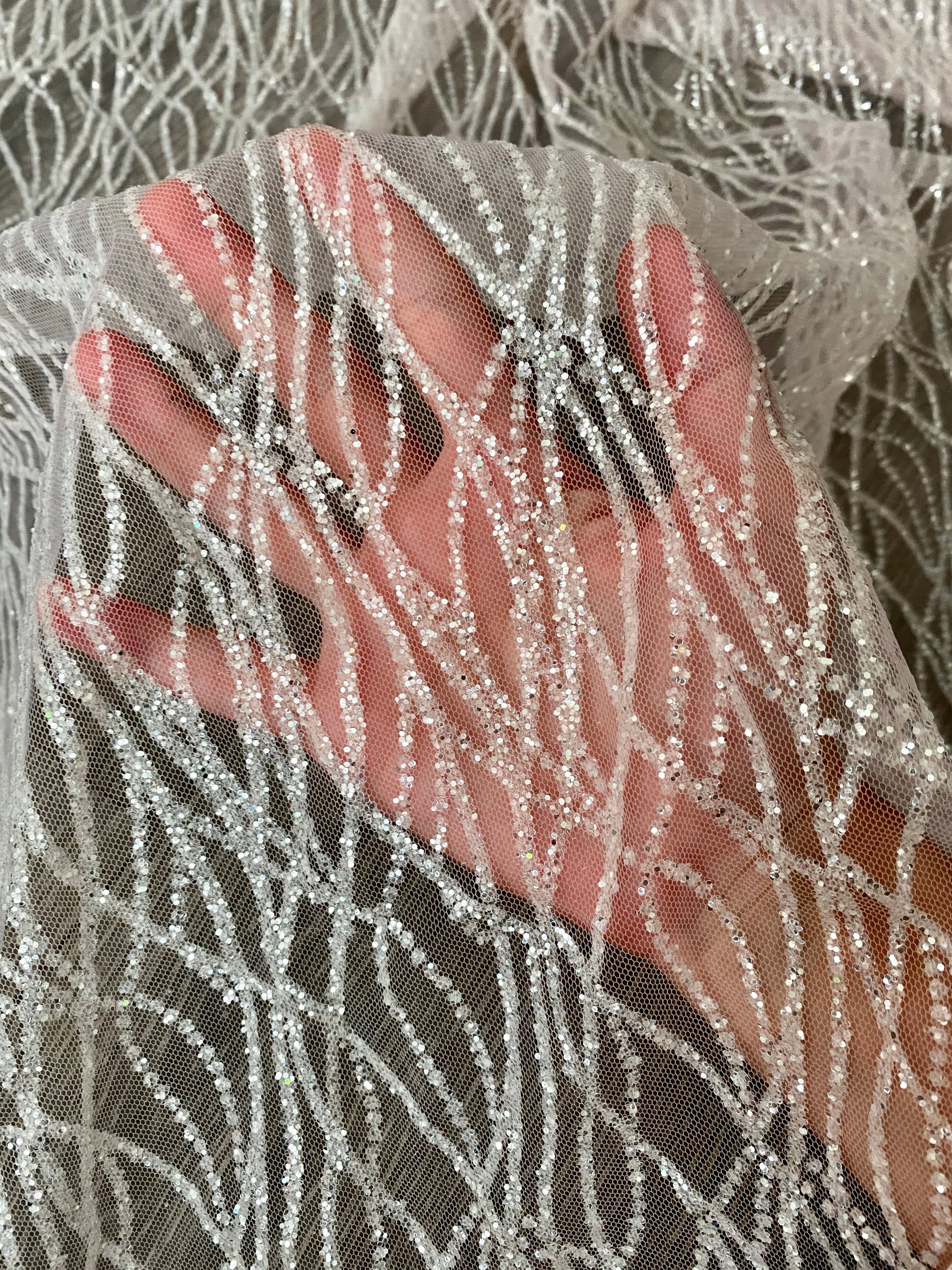 Silver White Glitter Lace on Mesh - Image 2