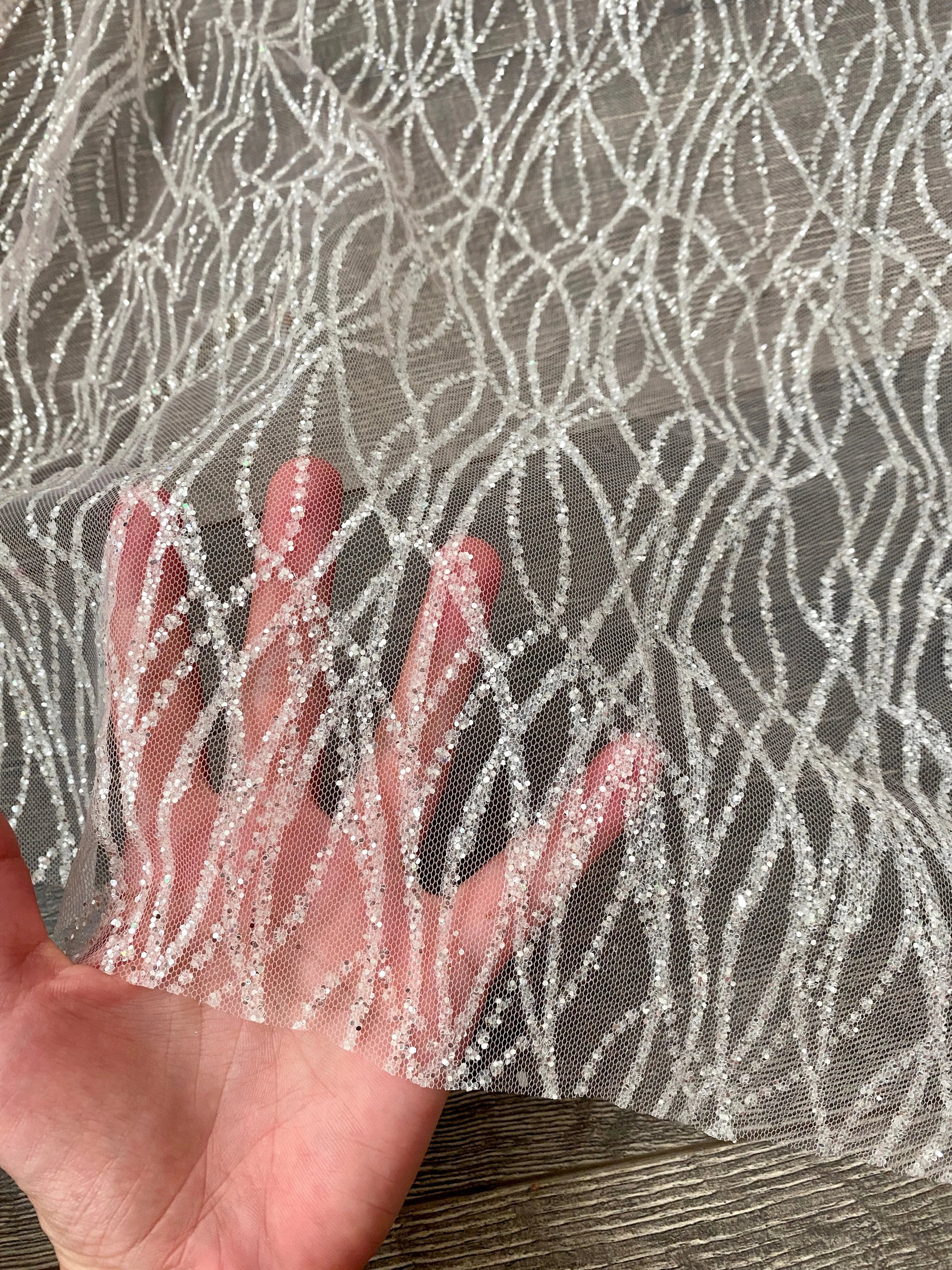 Silver White Glitter Lace on Mesh - Image 3