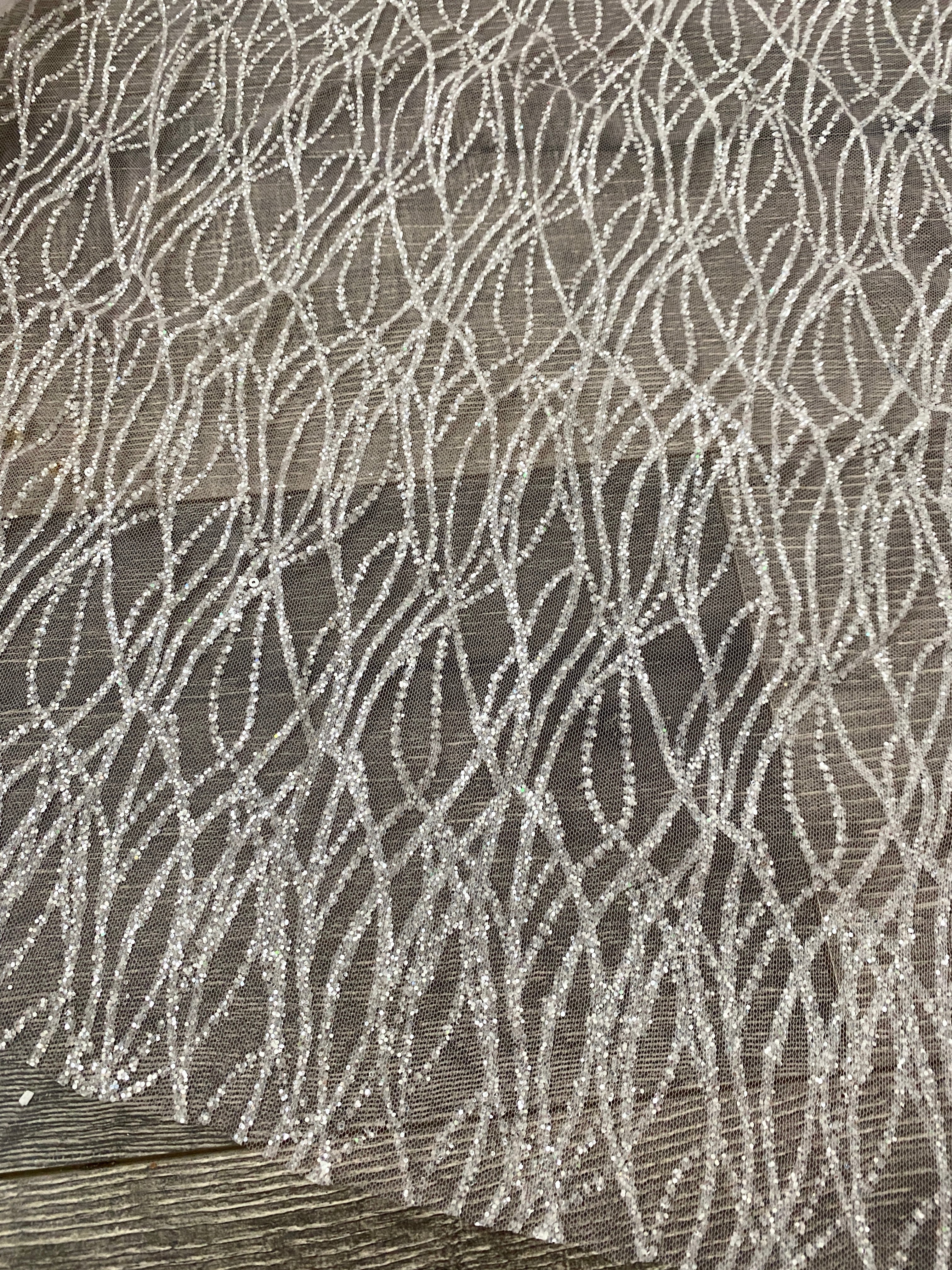 Silver White Glitter Lace on Mesh - Image 4
