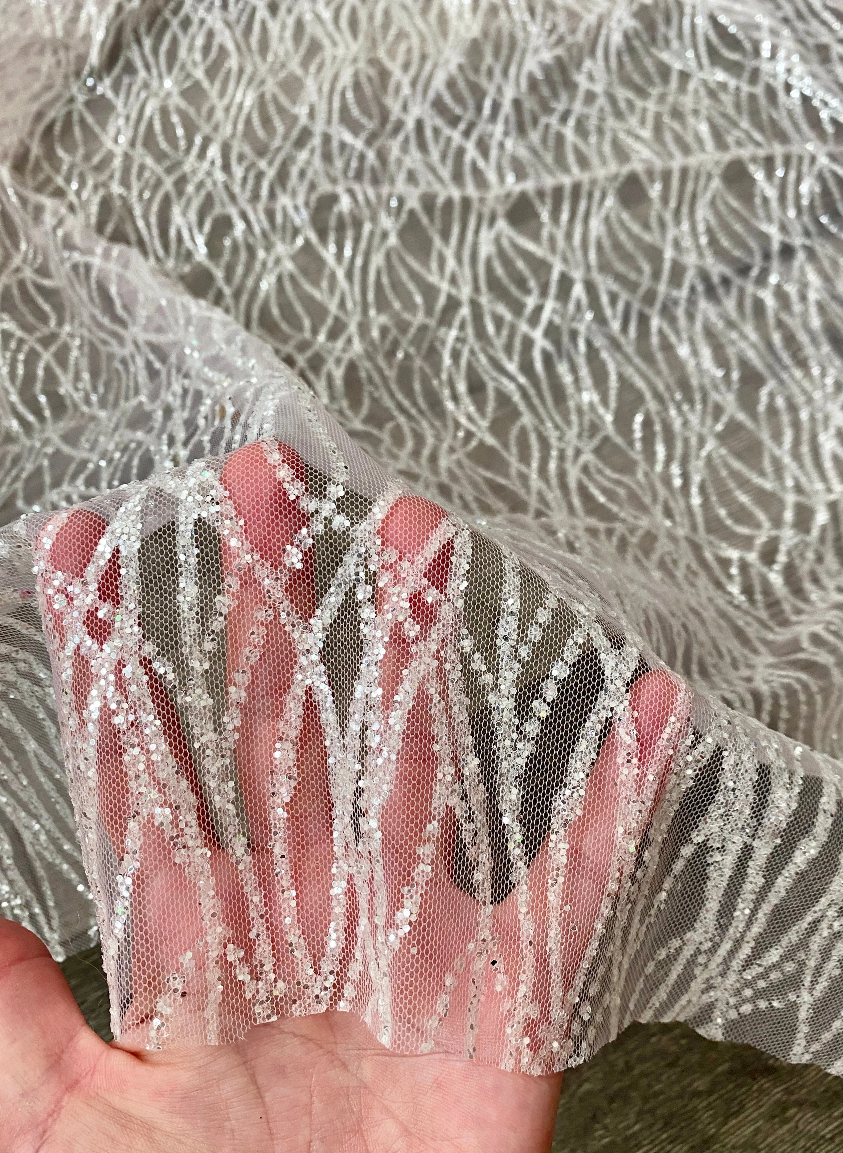 Silver White Glitter Lace on Mesh - Image 5