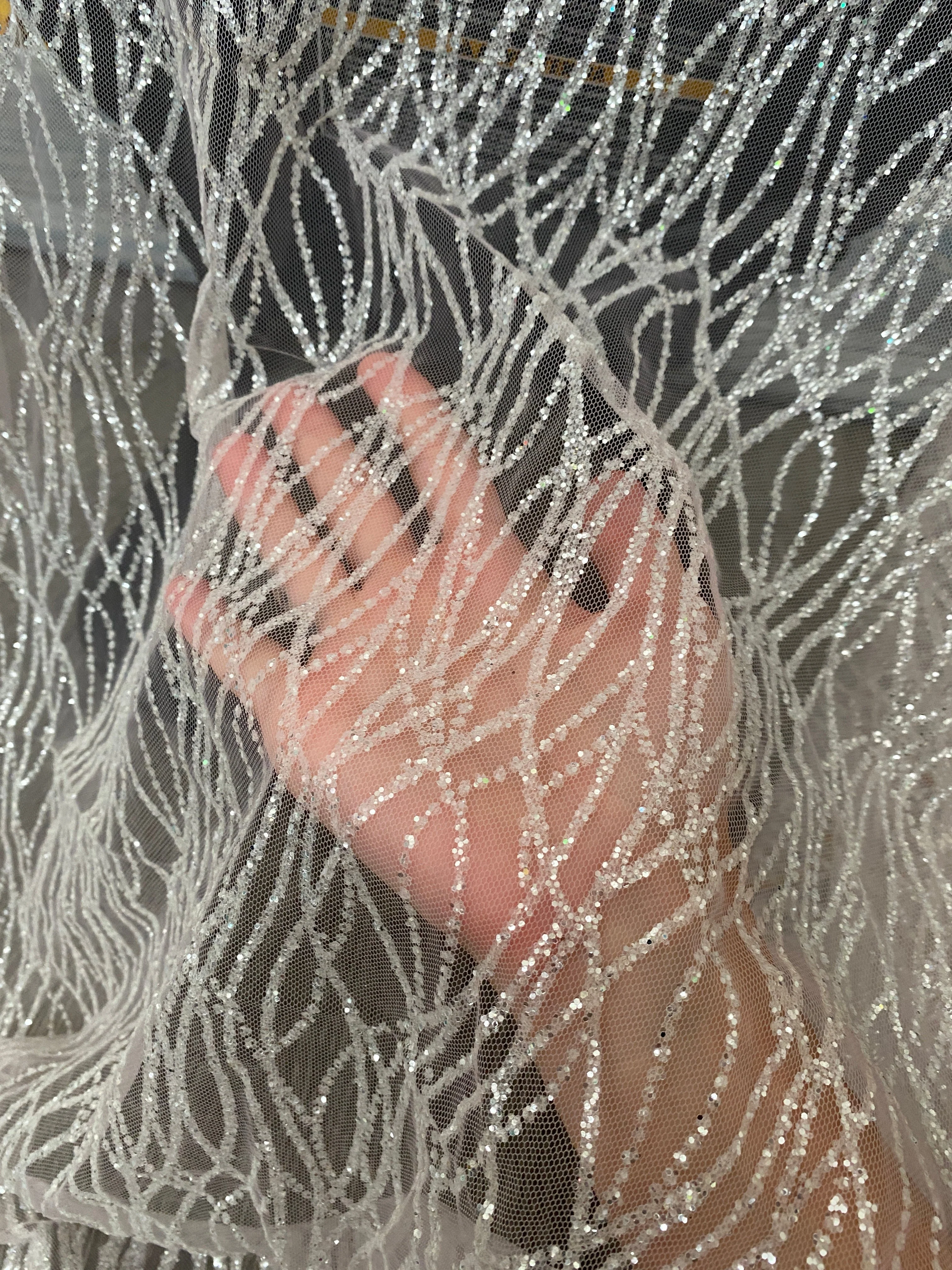 Silver White Glitter Lace on Mesh - Image 6