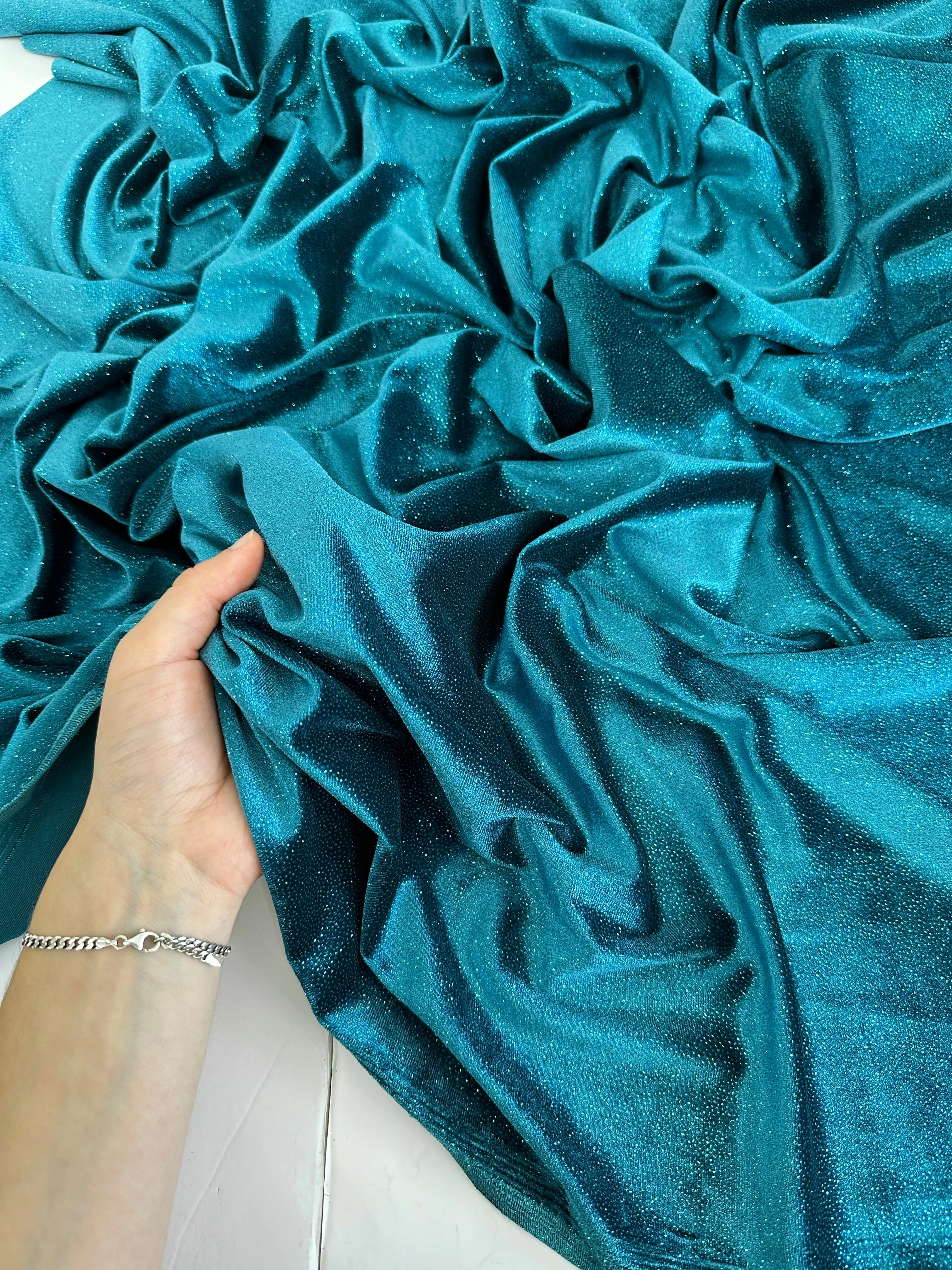 Teal Blue Shimmery Stretch Velvet - Image 8
