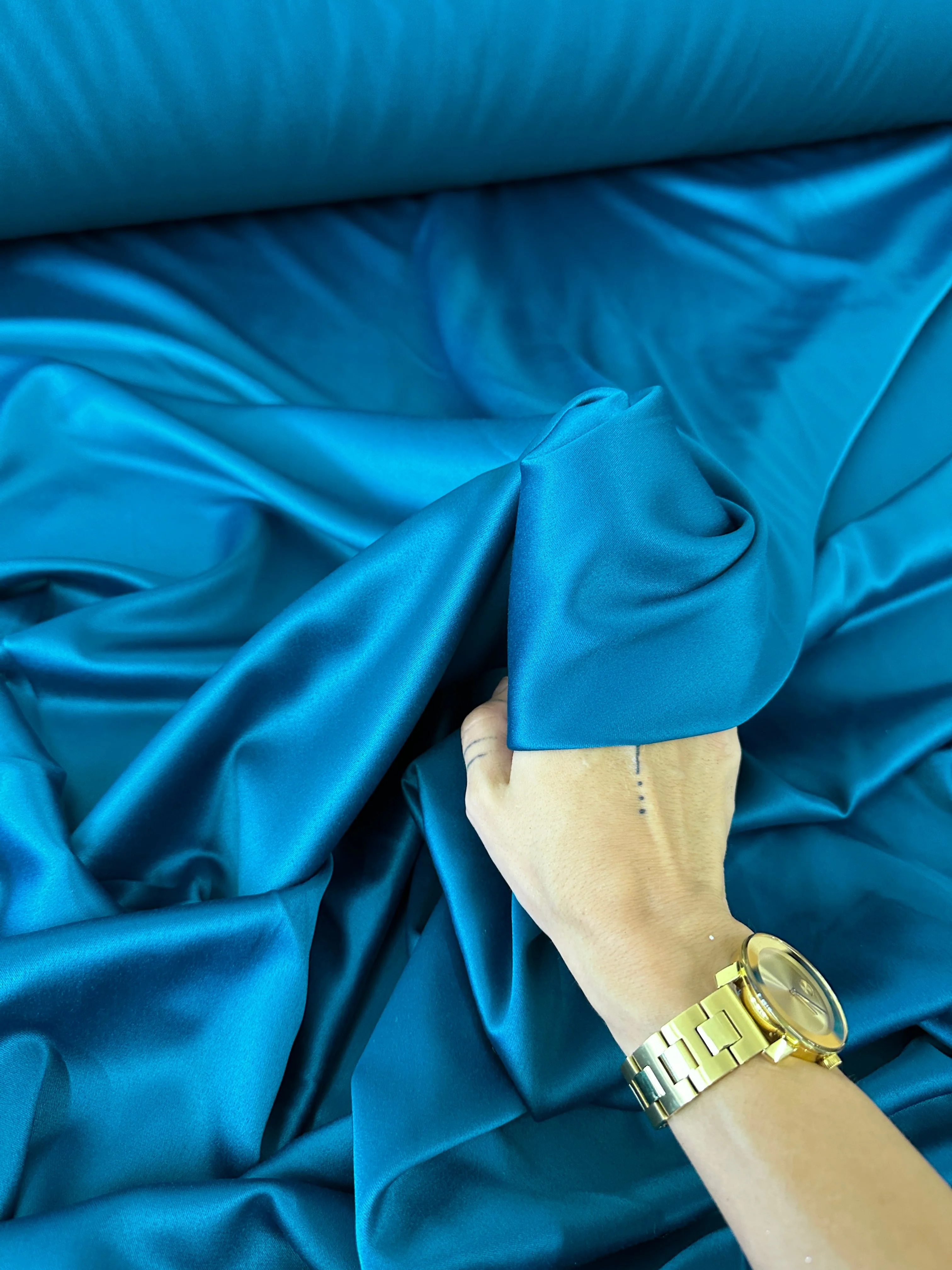 Teal Blue Stretch Crepe Back Satin - Image 2