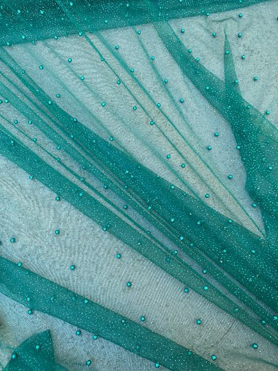 Teal Pearl Beaded Glittery Mesh/Tulle - Image 2