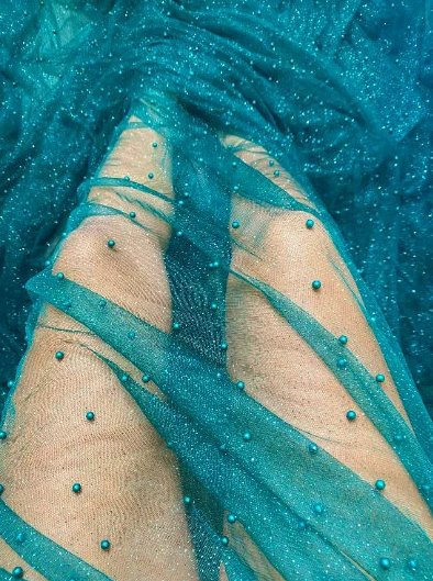 Teal Pearl Beaded Glittery Mesh/Tulle - Image 3