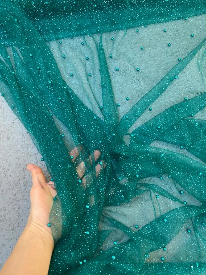 Teal Pearl Beaded Glittery Mesh/Tulle - Image 4