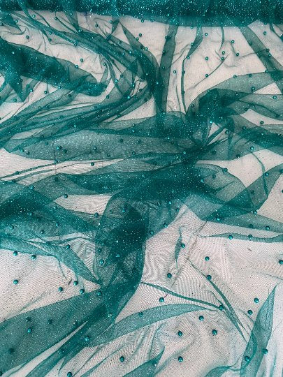 Teal Pearl Beaded Glittery Mesh/Tulle - Image 5