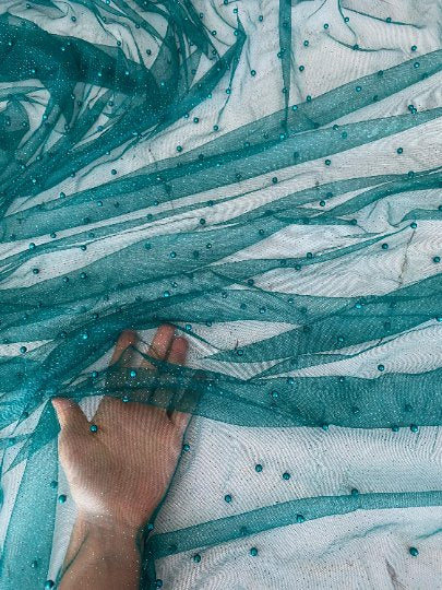 Teal Pearl Beaded Glittery Mesh/Tulle - Image 6