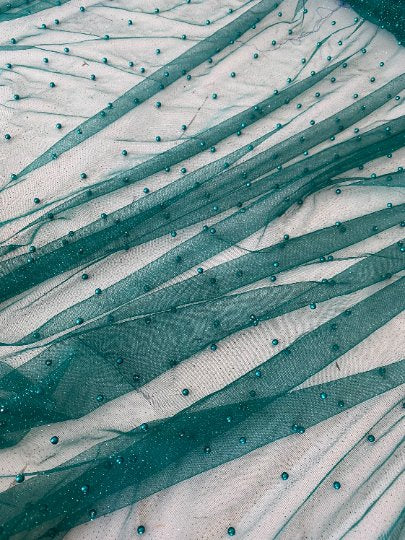 Teal Pearl Beaded Glittery Mesh/Tulle - Image 7