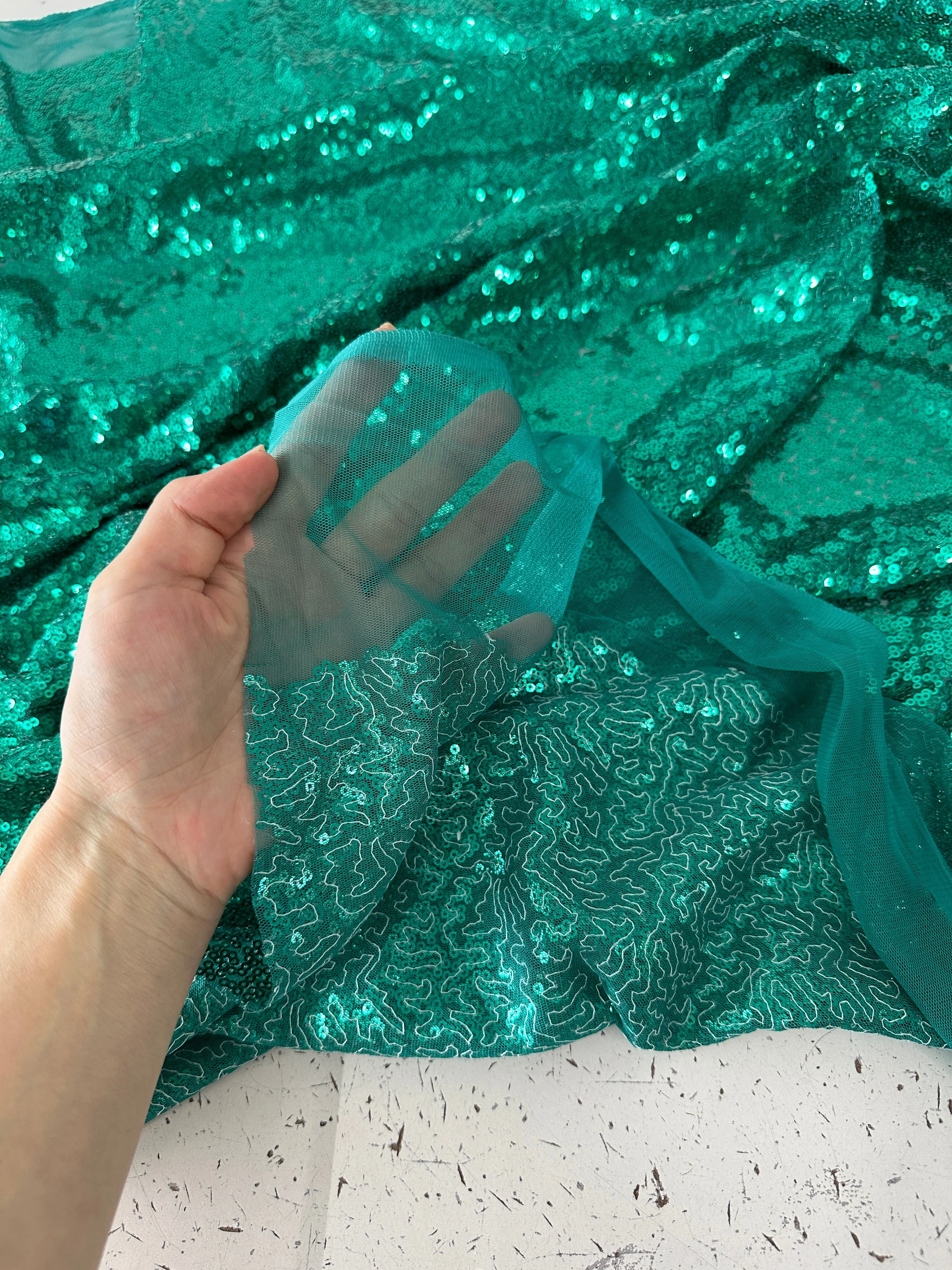 Teal Green Stretch Sequin on Mesh - Image 7