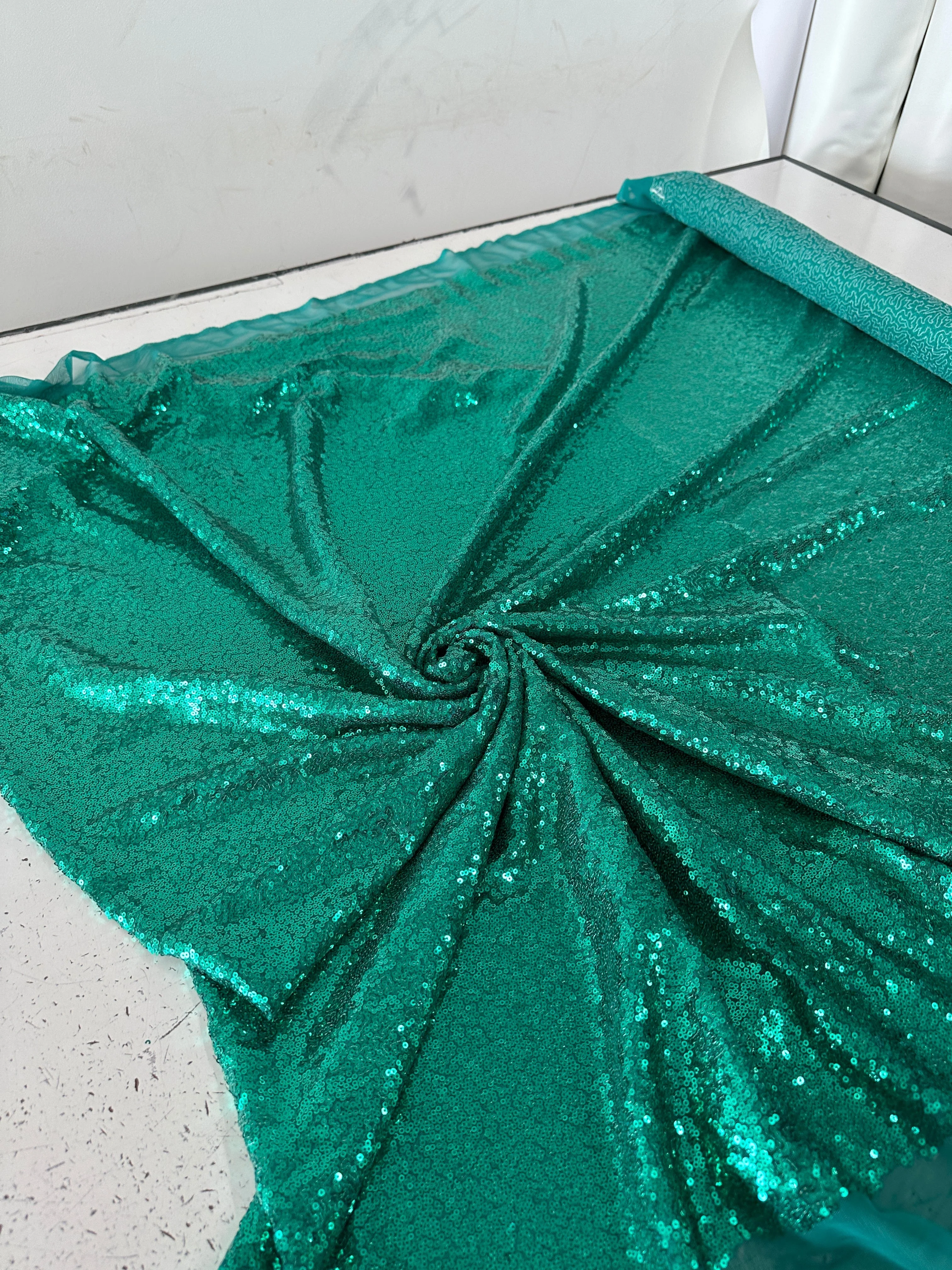 Teal Green Stretch Sequin on Mesh - Image 8