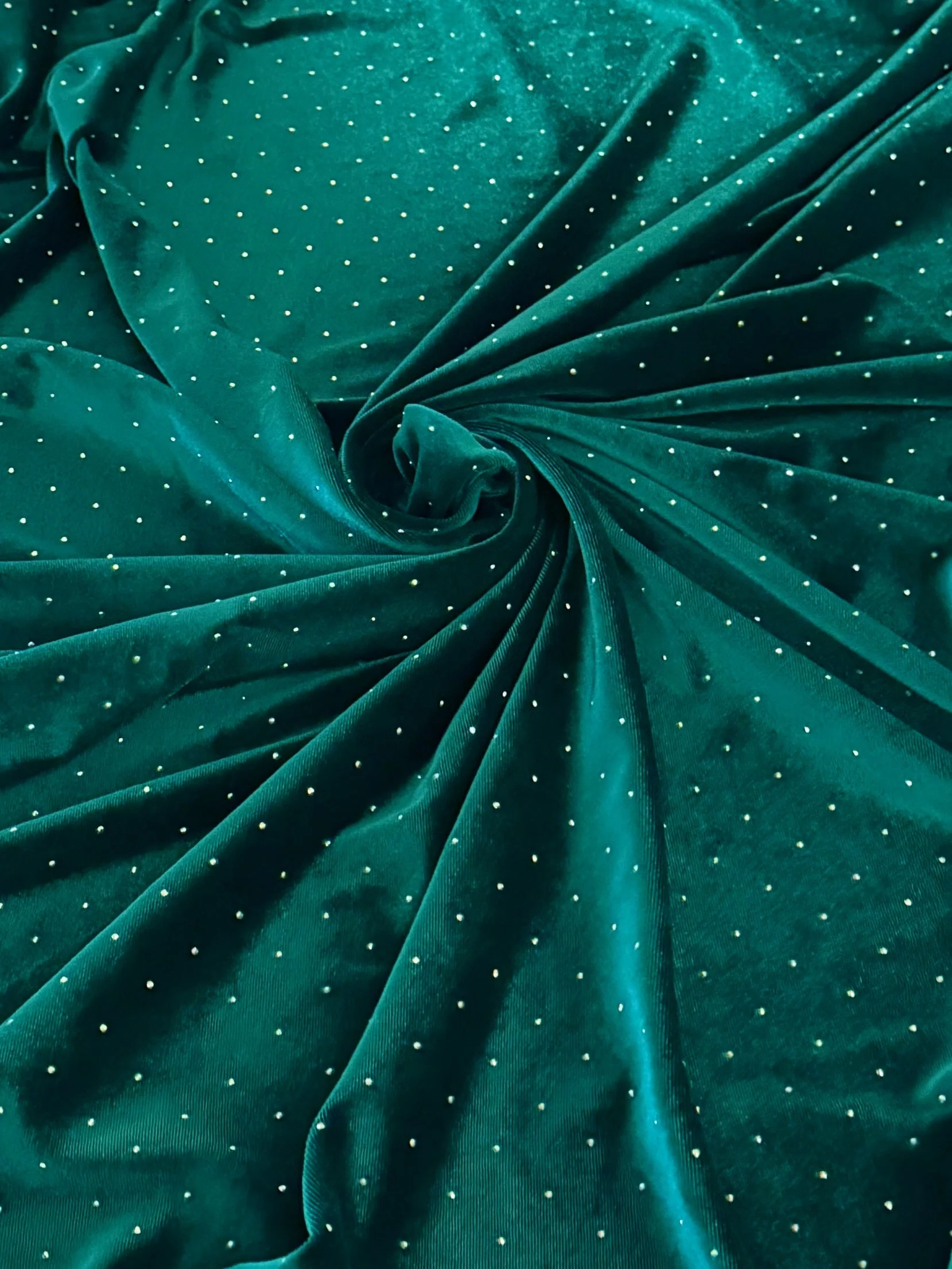Teal Green Stardust Rhinestone Beaded Stretch Velvet