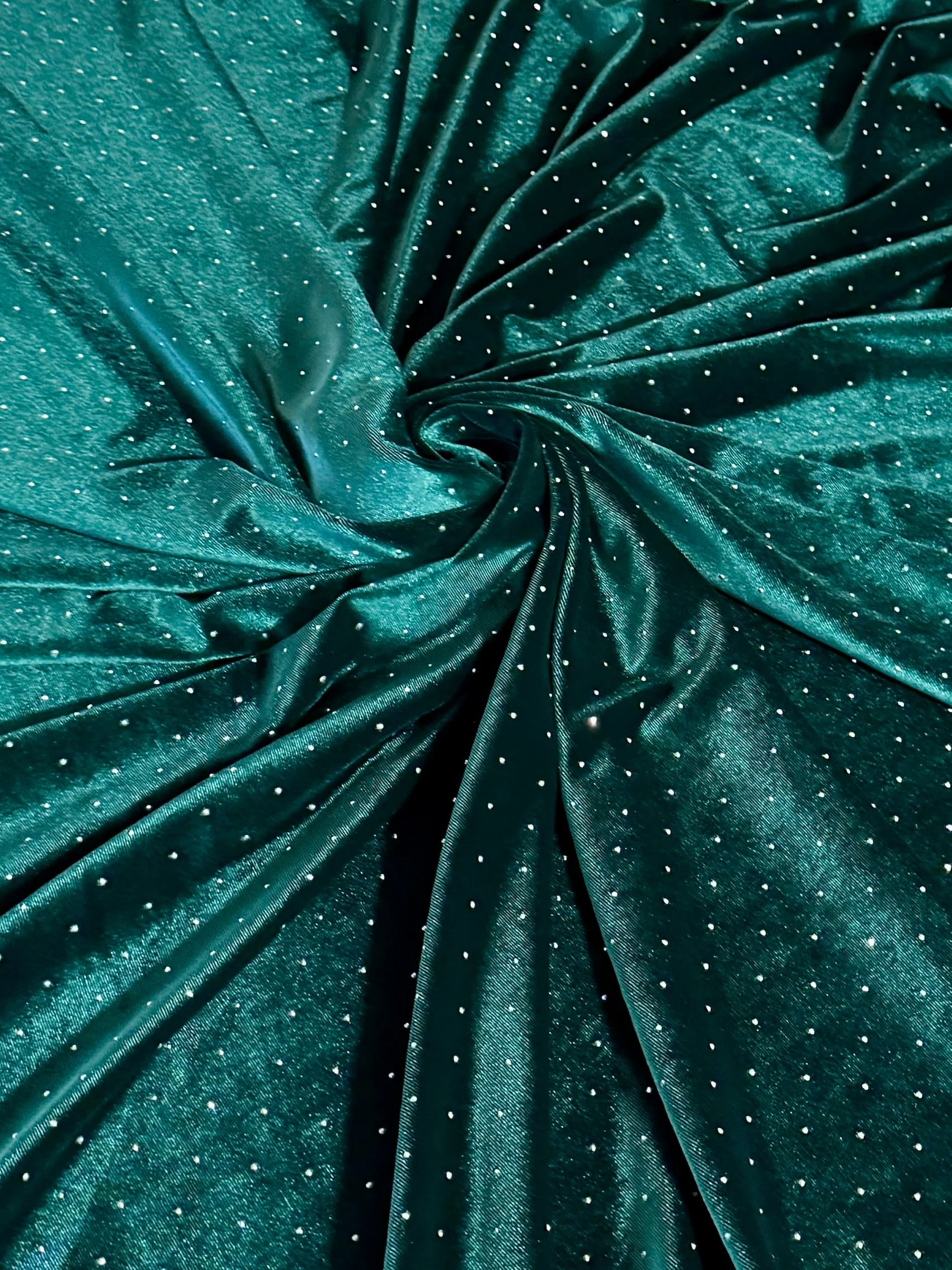 Teal Green Stardust Rhinestone Beaded Stretch Velvet - Image 2