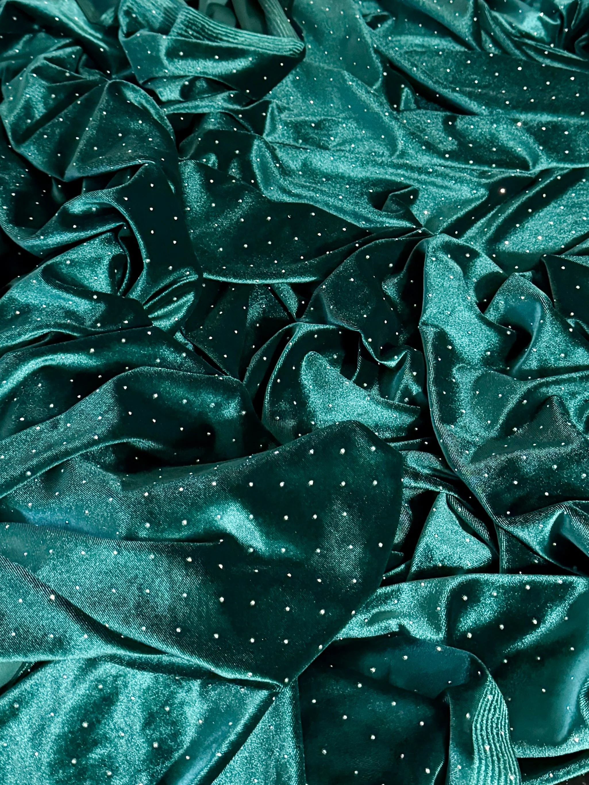 Teal Green Stardust Rhinestone Beaded Stretch Velvet - Image 3