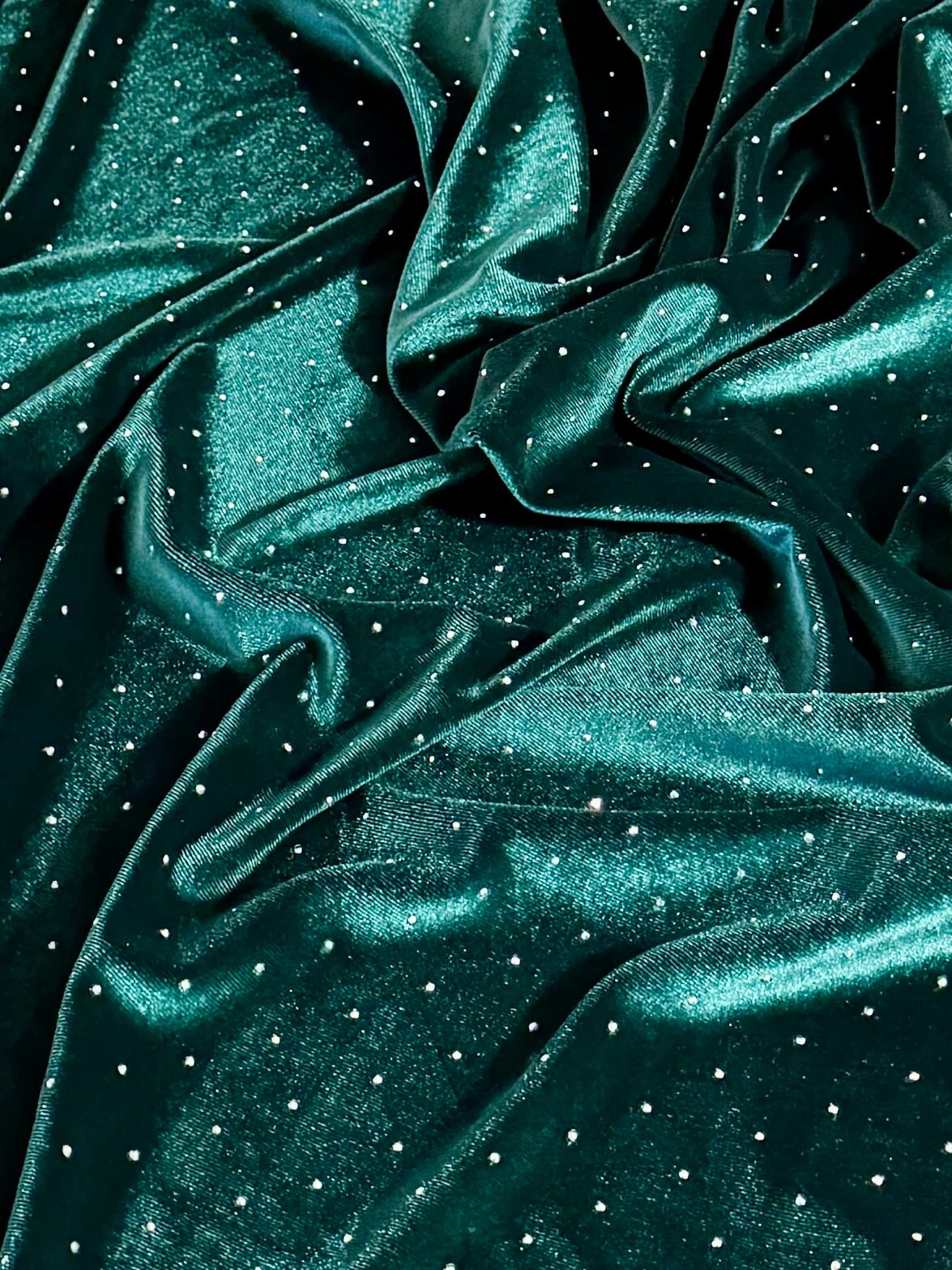 Teal Green Stardust Rhinestone Beaded Stretch Velvet - Image 4