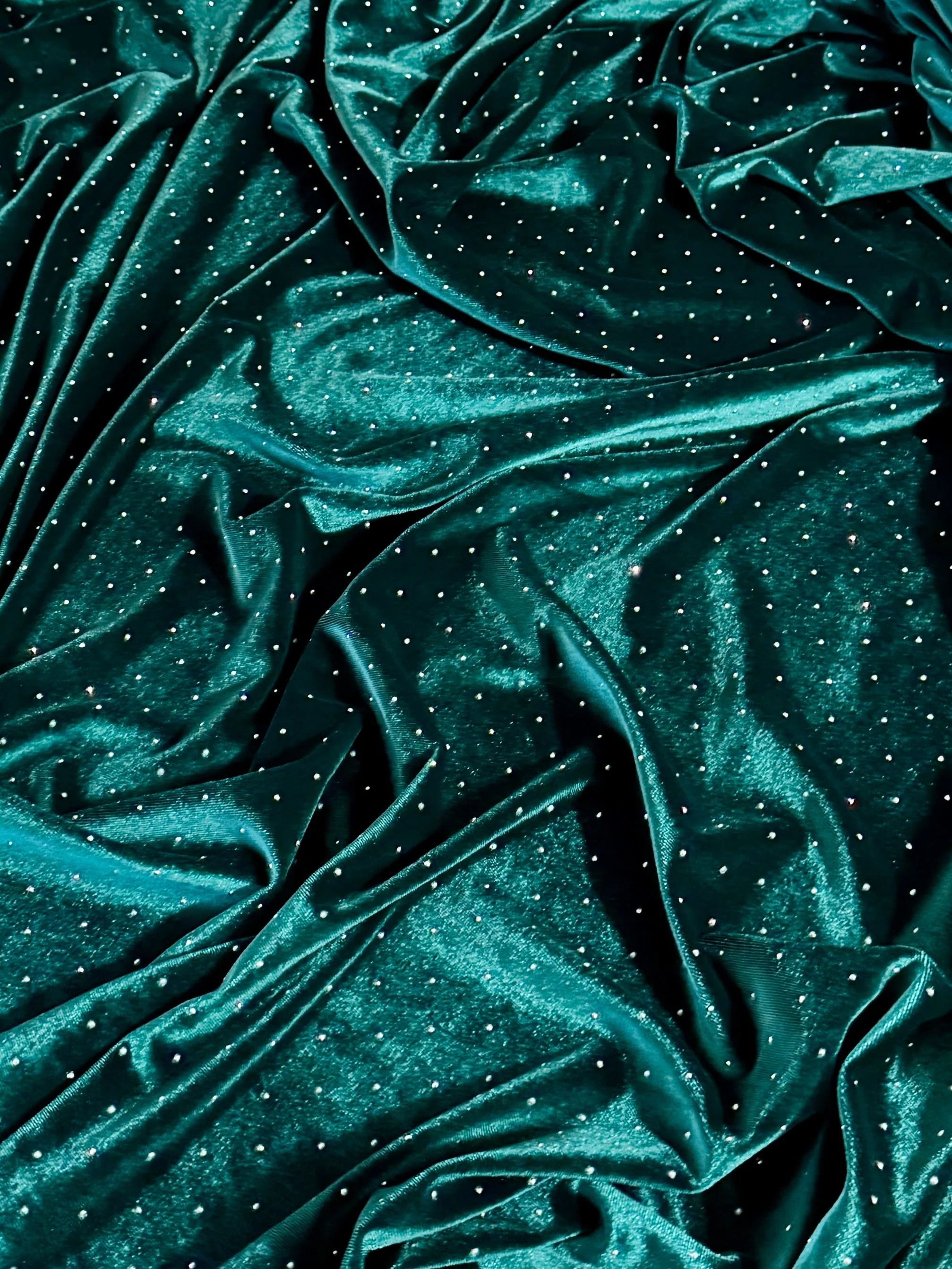 Teal Green Stardust Rhinestone Beaded Stretch Velvet - Image 5