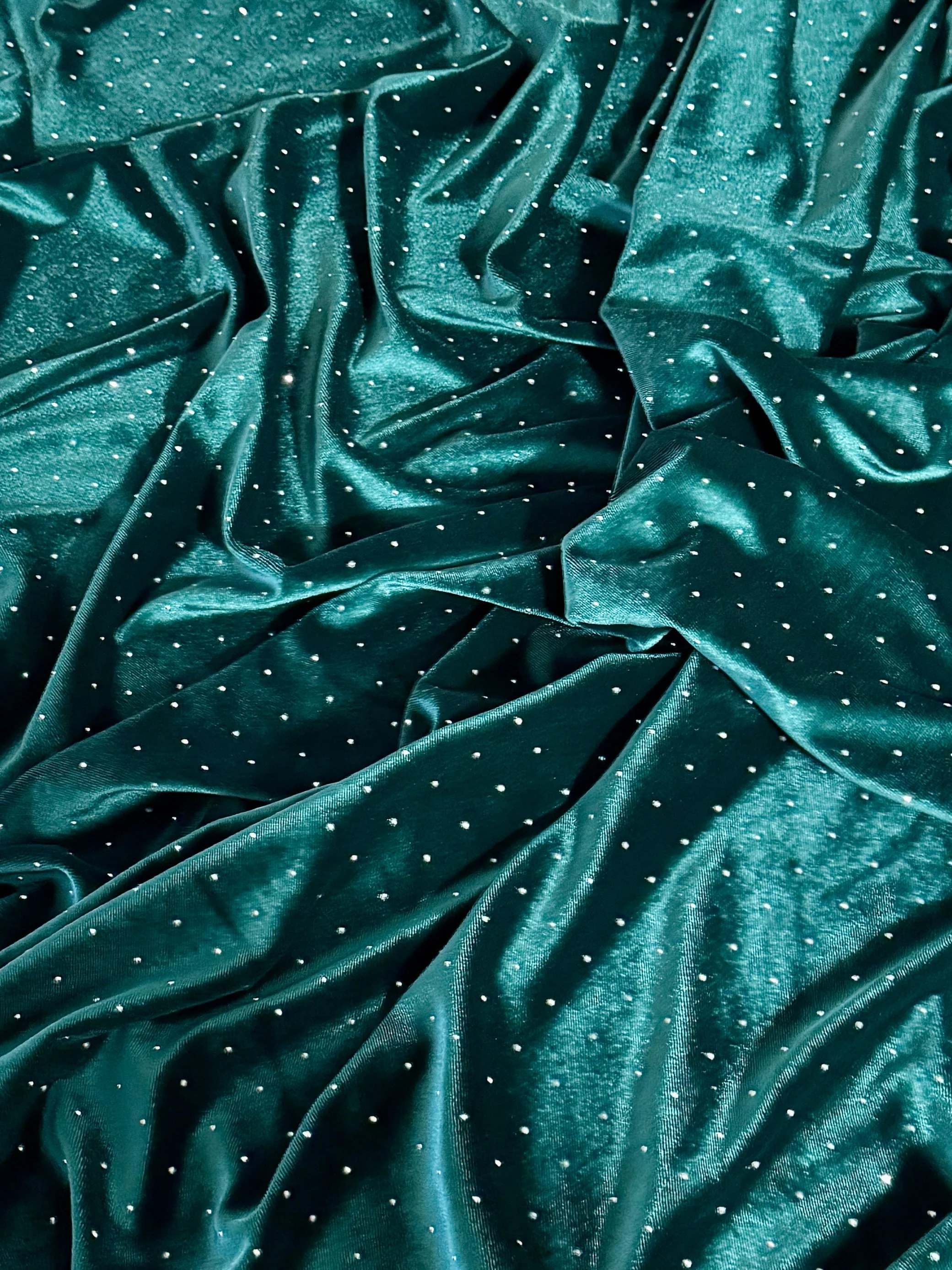 Teal Green Stardust Rhinestone Beaded Stretch Velvet - Image 6