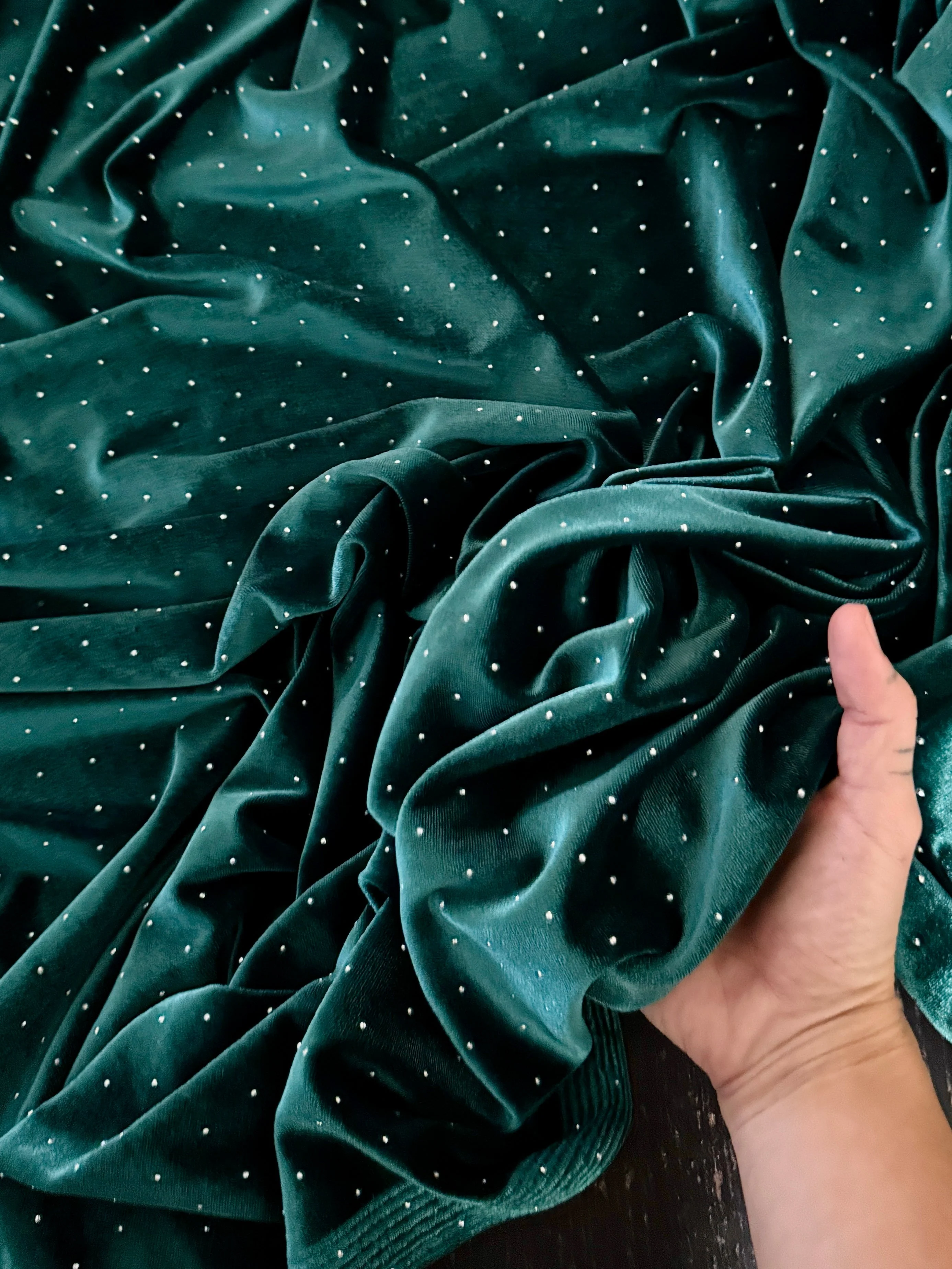 Teal Green Stardust Rhinestone Beaded Stretch Velvet - Image 7